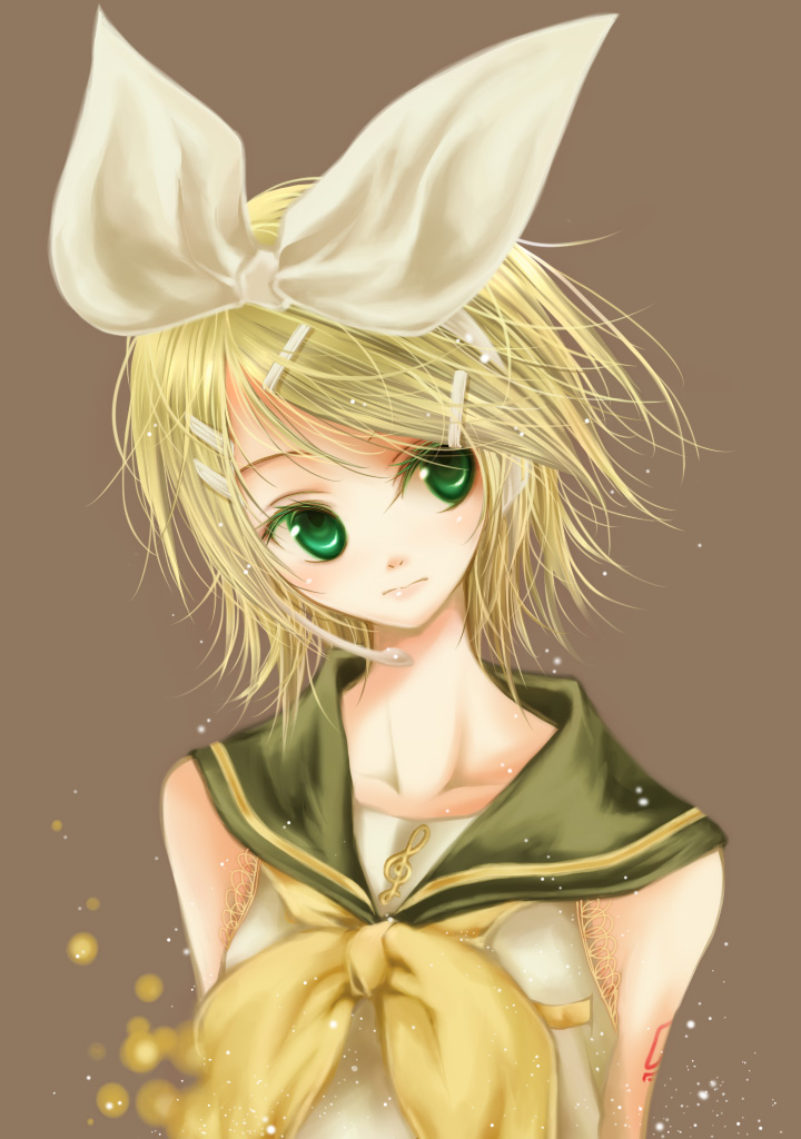 honokan, kagamine rin, vocaloid, bad id, bad pixiv id, 1girl, blonde hair, bow, female focus, green hair, hair bow, hair ornament, hairclip, head tilt, headset, short hair, simple background, solo, upper body