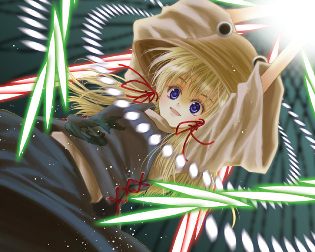 honokan, moriya suwako, touhou, 1girl, arms up, blonde hair, blue eyes, danmaku, dutch angle, female focus, from below, hat, open mouth, solo