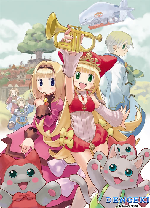cello (marl kingdom), crea rosenqueen, nyanko (marl kingdom), princess kururu, randy (marl kingdom), sonia (marl kingdom), little princess, marl kingdom, nippon ichi, 2boys, 3girls, dress, flipped hair, instrument, multiple boys, multiple girls, watermark