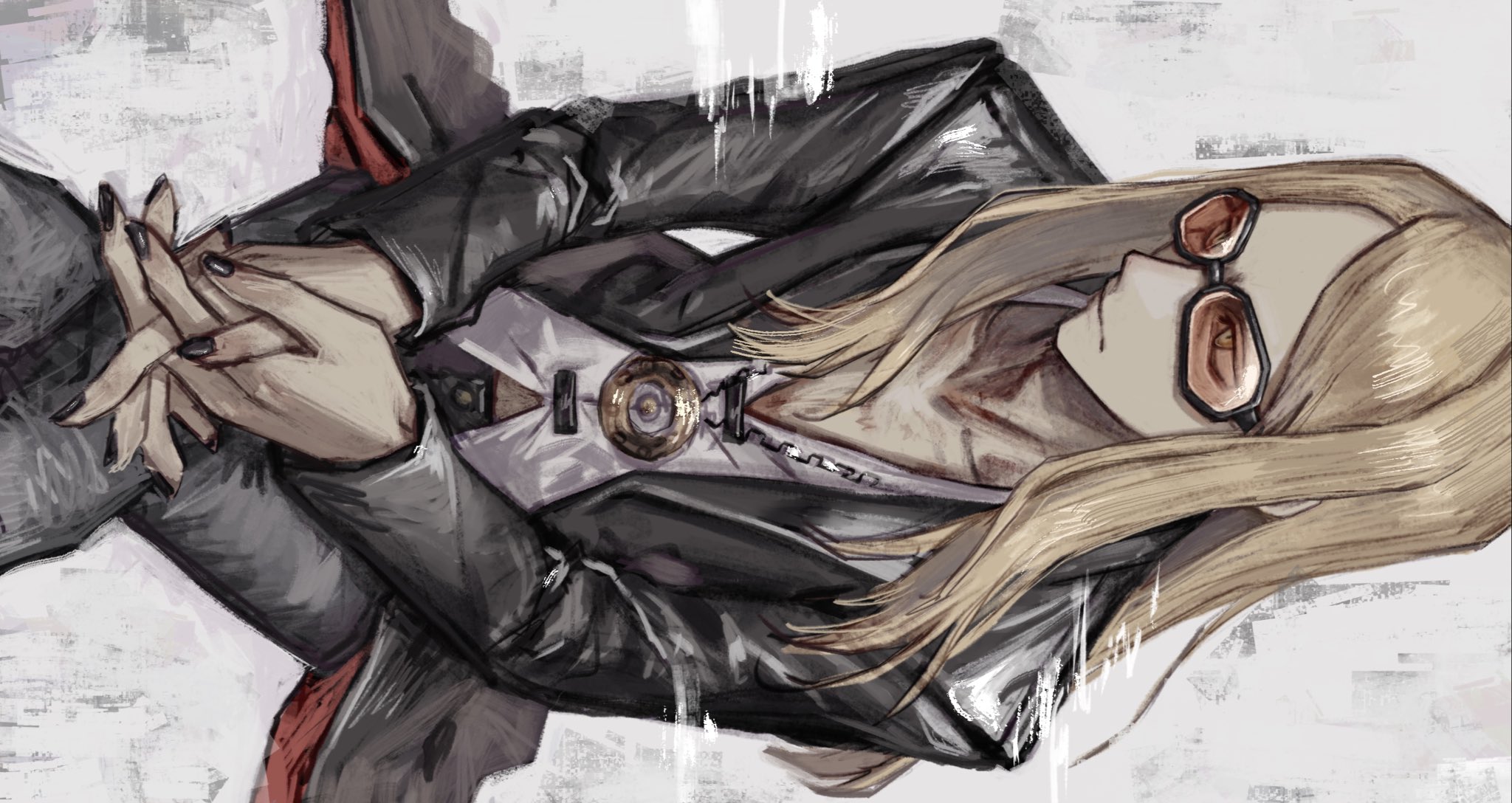 makai (67makai), tezcatlipoca (fate), tezcatlipoca (first ascension) (fate), fate/grand order, fate (series), commentary, highres, 1boy, black coat, black nails, brown hair, coat, crossed legs, grey background, long hair, long sleeves, male focus, nail polish, open clothes, open coat, own hands together, red-tinted eyewear, shirt, sideways, simple background, solo, sunglasses, tinted eyewear, white shirt