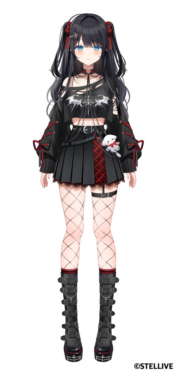 iop5509, shirayuki hina, stellive, highres, official art, 1girl, asymmetrical legwear, black boots, black hair, black shirt, black skirt, blue eyes, boots, closed mouth, fishnet thighhighs, fishnets, full body, knee boots, long hair, long sleeves, looking at viewer, red socks, shirt, simple background, single bare shoulder, single off shoulder, skirt, smile, socks, solo, standing, thighhighs, torn clothes, torn shirt, uneven legwear, virtual youtuber, white background