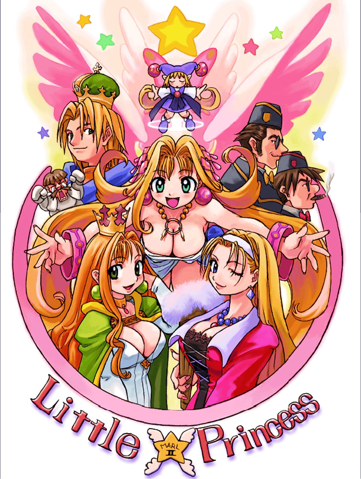 ryoji (nomura ryouji), cherie espoir, cornet espoir, etoile rosenqueen, ferdinand marl e, kururu (marl kingdom), marl kingdom, nippon ichi, puppet princess (marl kingdom), highres, official art, 4boys, 4girls, angel, blonde hair, blue eyes, breasts, brown hair, cleavage, crown, curly hair, dress, earrings, green eyes, happy, hat, huge breasts, jewelry, king, large breasts, long hair, multiple boys, multiple girls, open mouth, queen, short hair, smile, star (symbol), tears, wings