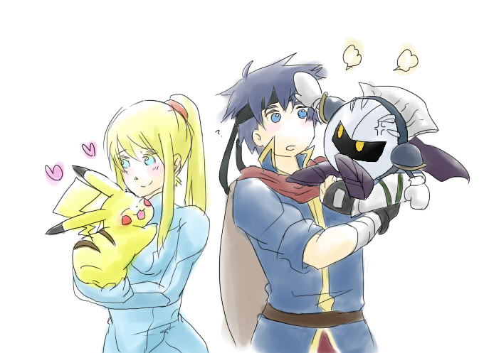 ike (fire emblem), meta knight, pikachu, samus aran, fire emblem, fire emblem: path of radiance, kirby (series), metroid, nintendo, pokemon, super smash bros., 1boy, 1girl, angry, blonde hair, blue eyes, blue hair, bodysuit, cape, couple, gen 1 pokemon, gloves, green eyes, headband, mask, pokemon (creature), ponytail, smile, tail, yellow eyes, zero suit