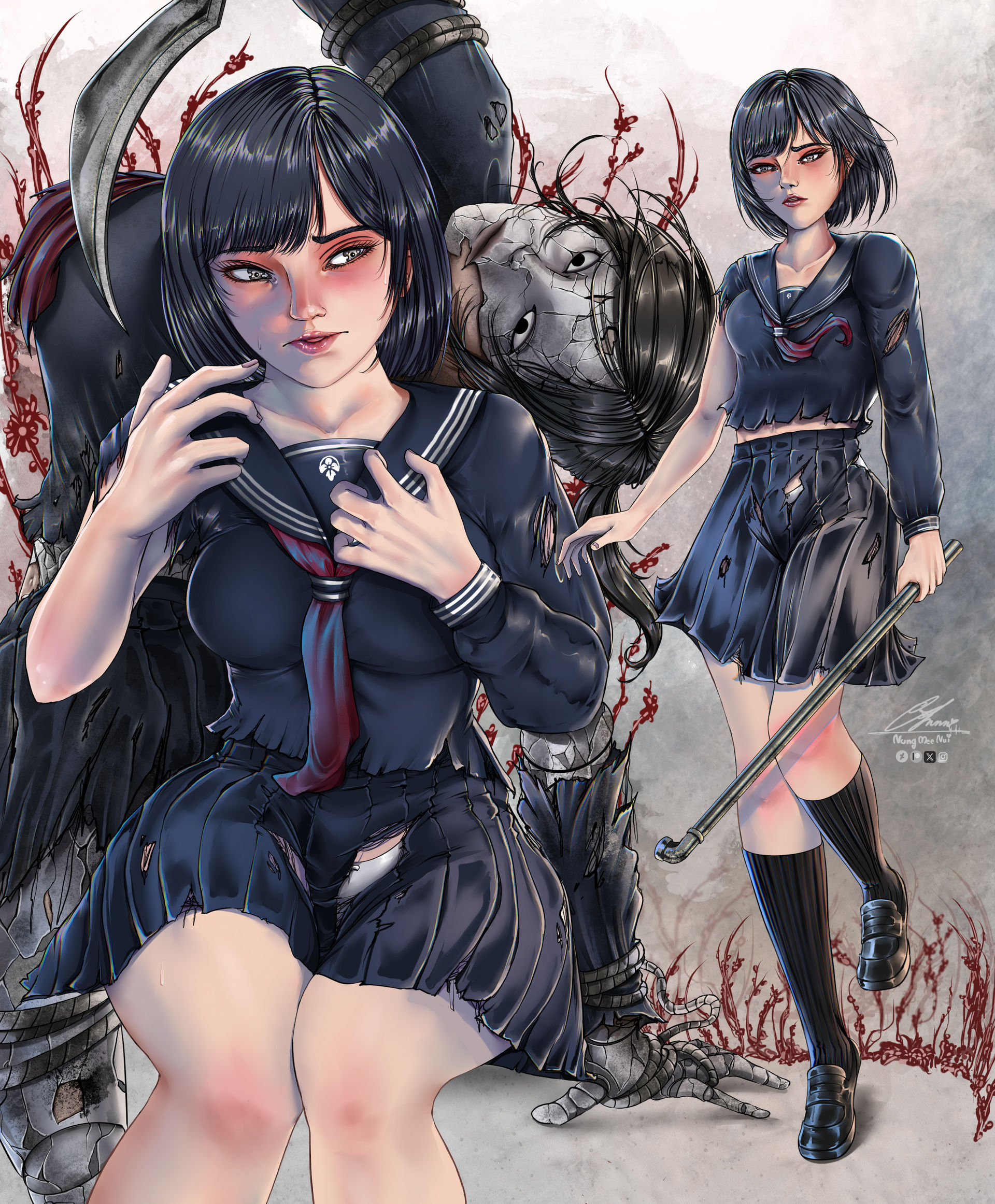 user whtv3335, ayakakashi, shimizu hinako, silent hill (series), silent hill f, highres, 2girls, black hair, black serafuku, black shoes, black skirt, black socks, holding, holding lead pipe, lead pipe, midriff, multiple girls, neckerchief, panties, panty peek, pleated skirt, red neckerchief, school uniform, serafuku, shoes, skirt, socks, torn clothes, torn skirt, underwear, white panties