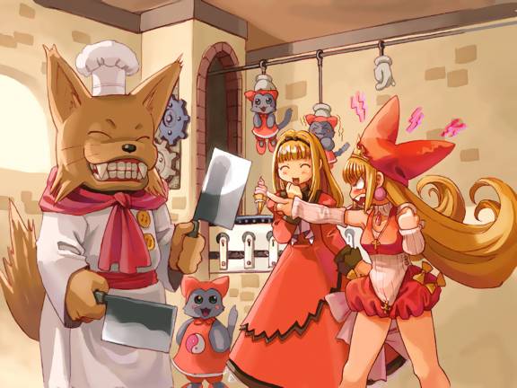 ryoji (nomura ryouji), crea rosenqueen, nyanko (marl kingdom), princess kururu, little princess, marl kingdom, nippon ichi, official art, 2girls, blonde hair, crown, curly hair, dress, earrings, flipped hair, hat, jewelry, long hair, multiple girls, tail