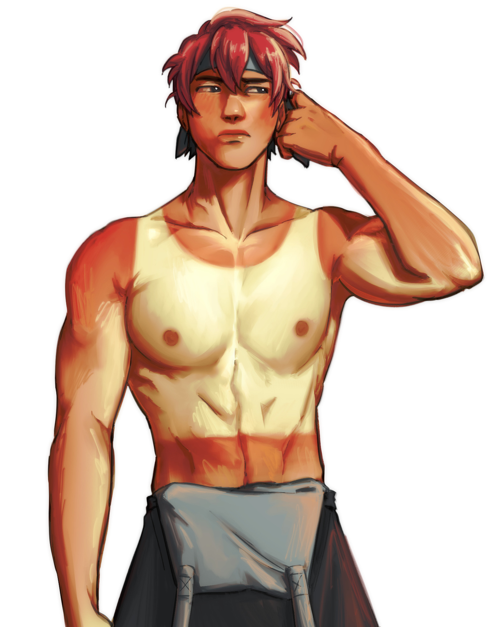 march (fields of mistria), fields of mistria, highres, 1boy, arm up, headband, heat stroke photoshoot (meme), looking to the side, meme, notbao, red hair, solo, tan, tanline, toned, toned male, topless male, white background