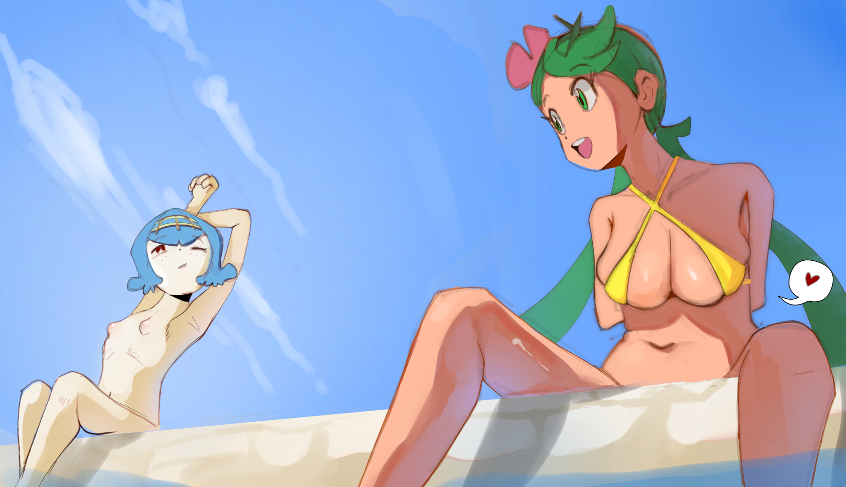 lana (pokemon), mallow (pokemon), nintendo, pokemon, commentary request, highres, 2girls, bikini, blue sky, breasts, completely nude, flat chest, large breasts, multiple girls, navel, nude, pool, public indecency, shoujosloop, sky, sun, swimsuit, topless female, undressing