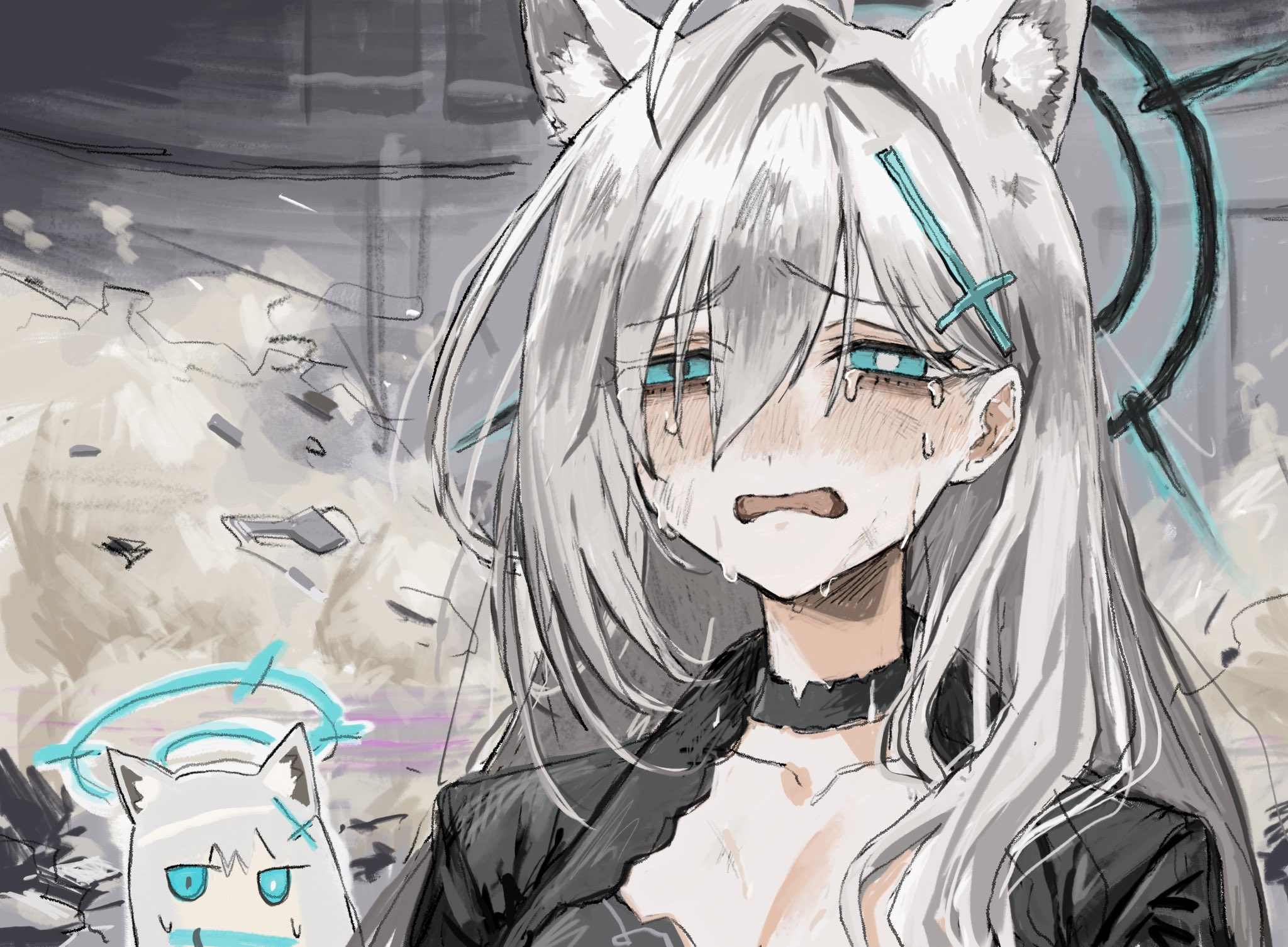 makai (67makai), shiroko (blue archive), shiroko terror (blue archive), blue archive, highres, 2girls, ahoge, animal ear fluff, animal ears, black choker, black dress, blue eyes, blush, choker, crying, crying with eyes open, dress, grey hair, hair between eyes, halo, long hair, mismatched pupils, multiple girls, open mouth, rubble, solo focus, sweat, tears, upper body, wolf ears
