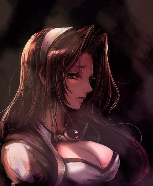 kara (color), catiua powell, kachua powell, artdink, tactics ogre, 1girl, breasts, brown hair, cleavage, female focus, hairband, long hair, sad, solo