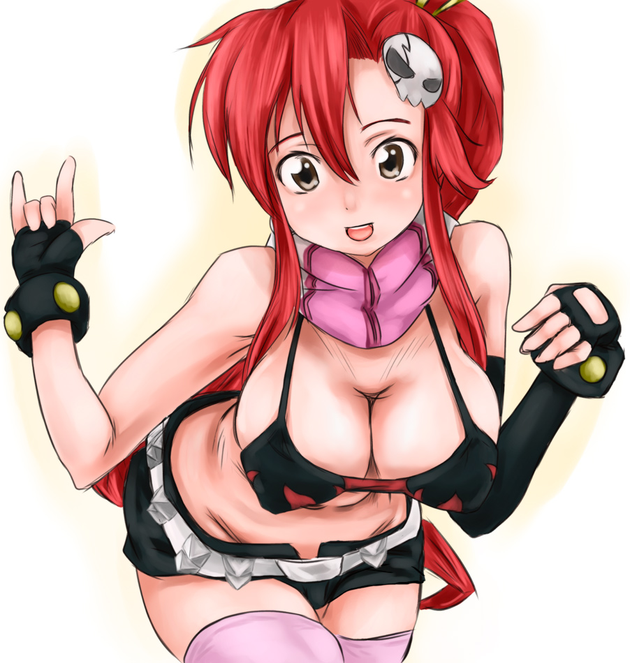 scharfschutze, yoko littner, tengen toppa gurren lagann, 00s, m/, bikini, bikini top only, black bikini, breasts, large breasts, long hair, red hair, scarf, solo, striped clothes, striped scarf, swimsuit, thighhighs