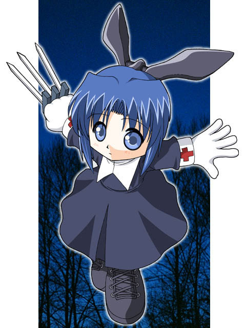 keito (keito-ya), ciel (tsukihime), hoihoi-san, ichigeki sacchuu!! hoihoi-san, tsukihime, type-moon, archived source, commentary request, 1girl, anime coloring, aqua eyes, black boots, black dress, black keys (type-moon), black ribbon, blue pupils, blush, boots, ciel (tsukihime) (cosplay), contrast collar, cosplay, cross, curtained hair, dated commentary, dress, expressionless, full body, gloves, hair intakes, hair ribbon, lace-up boots, legs together, long hair, looking at viewer, night, night sky, nun, open hand, outdoors, photo background, puritan collar, red cross, ribbon, robot girl, sky, sleeve cuffs, solid circle pupils, solo, tree, white gloves
