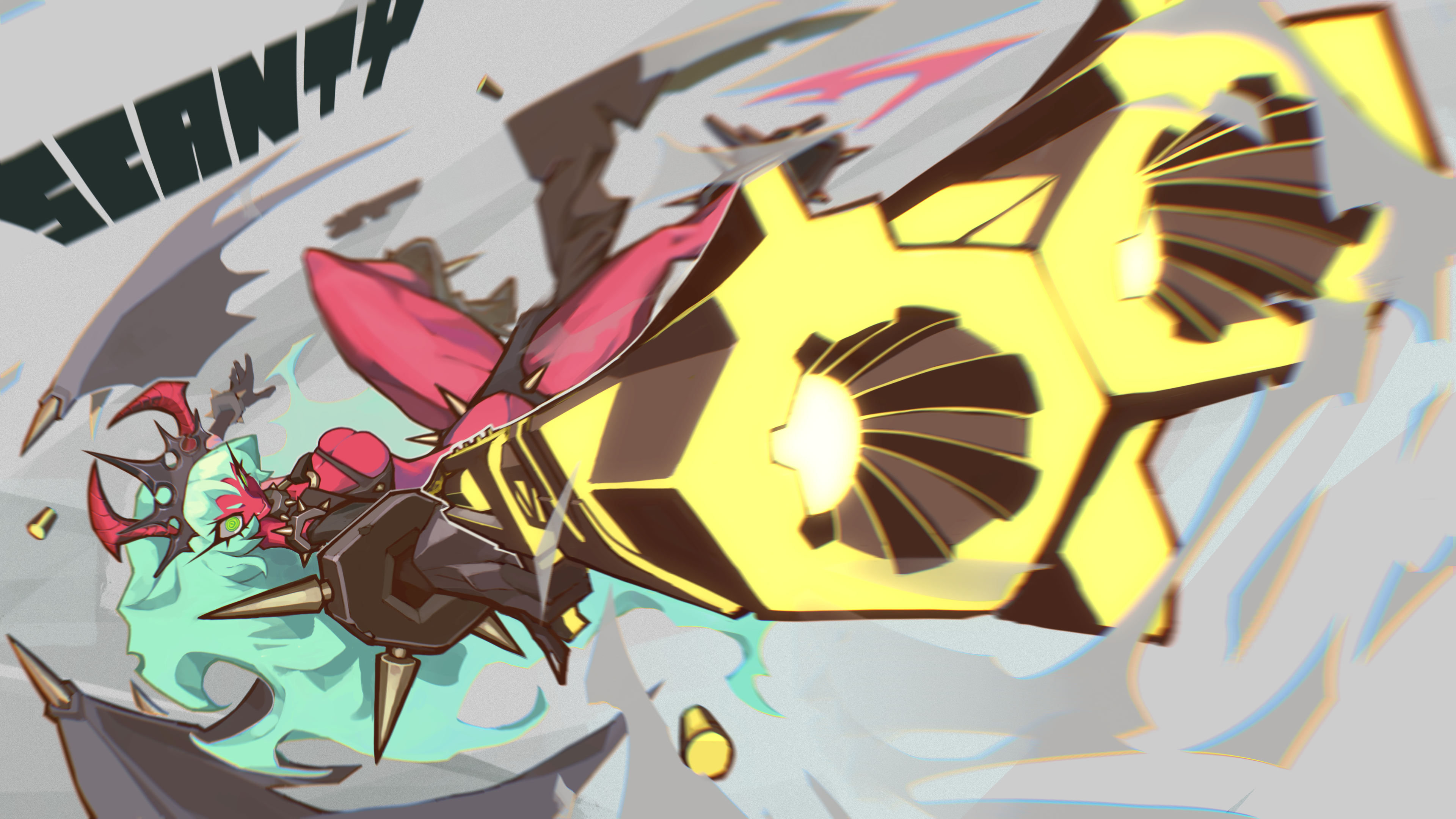scanty (psg), panty & stocking with garterbelt, absurdres, commentary request, highres, 1girl, blue hair, breasts, colored skin, demon girl, demon horns, green eyes, green hair, gun, holding, holding gun, holding weapon, horns, large breasts, long hair, looking at viewer, red skin, solo, weapon, zwein4