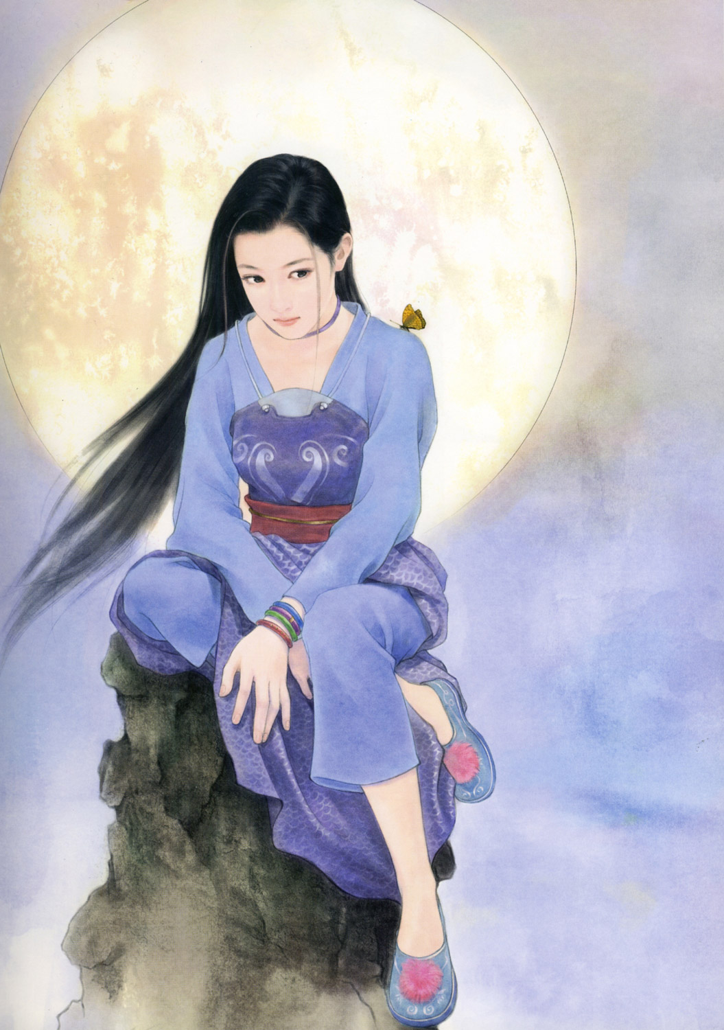 chen shu fen, highres, black hair, bug, butterfly, china dress, chinese clothes, dress, hanfu, insect, long hair, moon, realistic, solo, wind