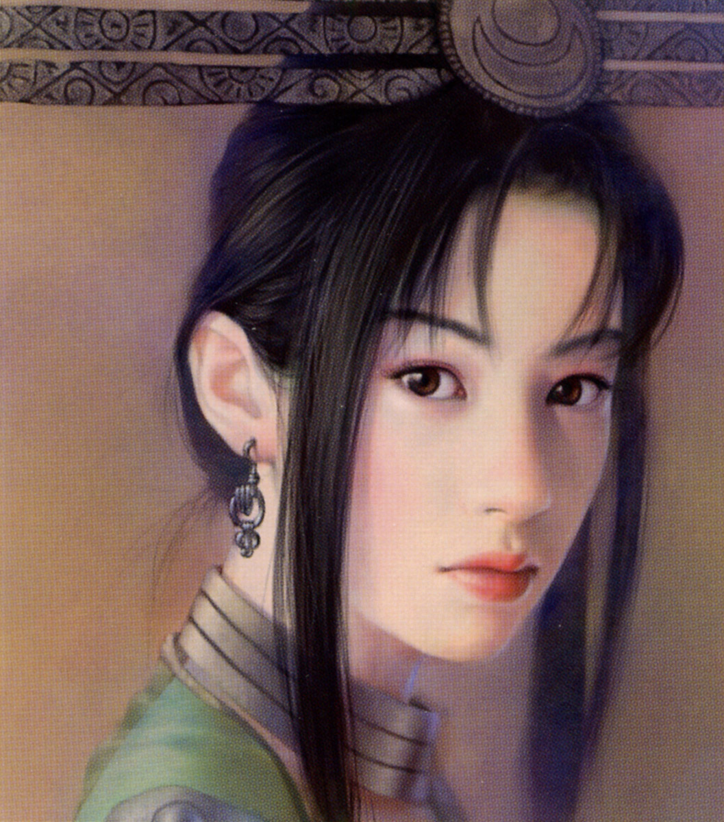 chen shu fen, highres, scan, scan artifacts, black hair, brown eyes, earrings, hair ornament, jewelry, realistic, solo