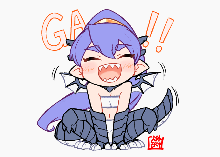 jingai modoki, papi (mon-musu quest!), mon-musu quest!, commentary, 1girl, :d, bandeau, bare shoulders, black scales, blush, claws, closed eyes, dragon girl, dragon horns, dragon tail, dragon wings, facing viewer, full body, hair between eyes, horns, long hair, monster girl, motion lines, navel, open mouth, pointy ears, ponytail, purple hair, roaring, scales, seal impression, sharp teeth, simple background, smile, solo, squatting, tail, teeth, thick eyebrows, white background, white bandeau, white loincloth, wings