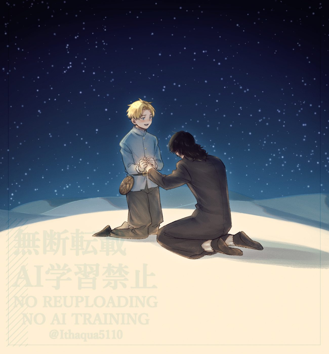 rafal (chi.), chi.: chikyuu no undou ni tsuite, highres, 2boys, astrolabe, black hair, black pants, black robe, black shoes, blonde hair, blue jacket, holding hands, jacket, kneeling, light blush, looking at another, male focus, medium hair, multiple boys, open mouth, outdoors, pants, parted bangs, potocki, robe, shoes, short hair, sky, smile, star (sky), starry sky, sukidesuu, twitter username