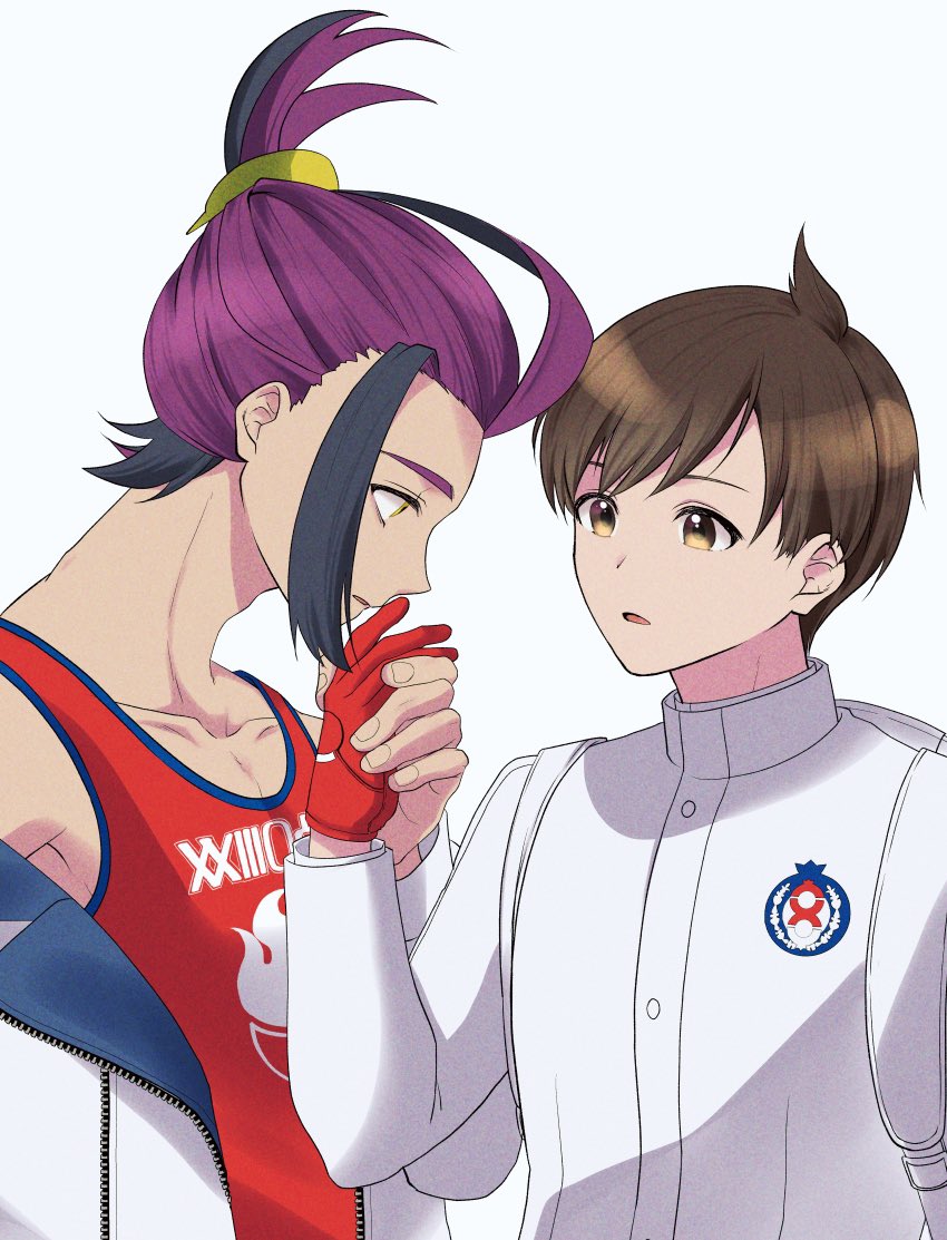 florian (pokemon), kieran (pokemon), nintendo, pokemon, pokemon sv, commentary request, 2boys, backpack, bag, black hair, brown eyes, brown hair, gloves, jacket, male focus, multicolored hair, multiple boys, purple hair, red gloves, red tank top, sato1850, streaked hair, tank top, topknot, two-tone hair, white jacket, yaoi, yellow eyes