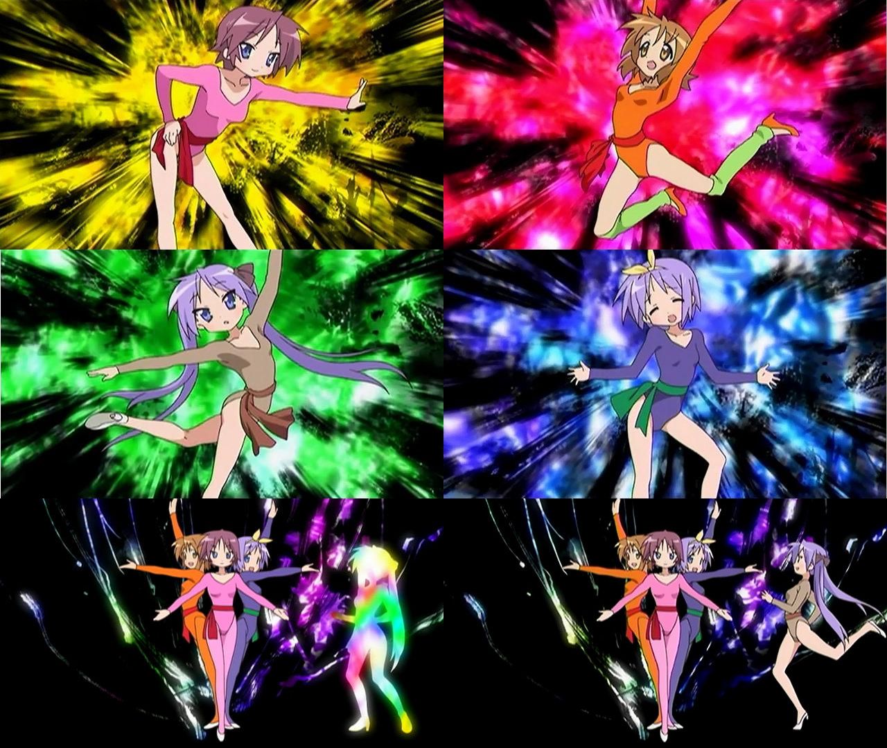 hiiragi inori, hiiragi kagami, hiiragi matsuri, hiiragi tsukasa, cat's eye, lucky star, screencap, 1980s (style), anime screenshot, non-web source, collage, dancing, leotard, oldschool, parody, retro artstyle, siblings, sisters