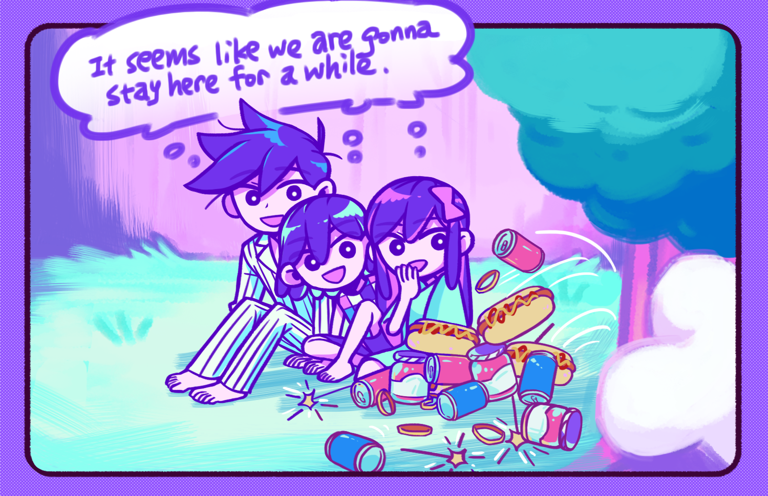 laser-lance, aubrey (headspace) (omori), aubrey (omori), hero (headspace) (omori), hero (omori), kel (headspace) (omori), kel (omori), omori, 1girl, 2boys, barefoot, blue shirt, bow, bright pupils, brothers, can, colored skin, covering own mouth, hair bow, hand over own mouth, jar, knees up, long hair, long sleeves, multiple boys, open mouth, outdoors, pajamas, pants, pink bow, purple eyes, purple hair, purple shorts, shared thought bubble, shirt, short sleeves, shorts, siblings, sidelocks, sitting, smile, speech bubble, striped clothes, striped pajamas, striped pants, tank top, thought bubble, tree, vertical-striped clothes, vertical-striped pajamas, vertical-striped pants, white pupils, white skin