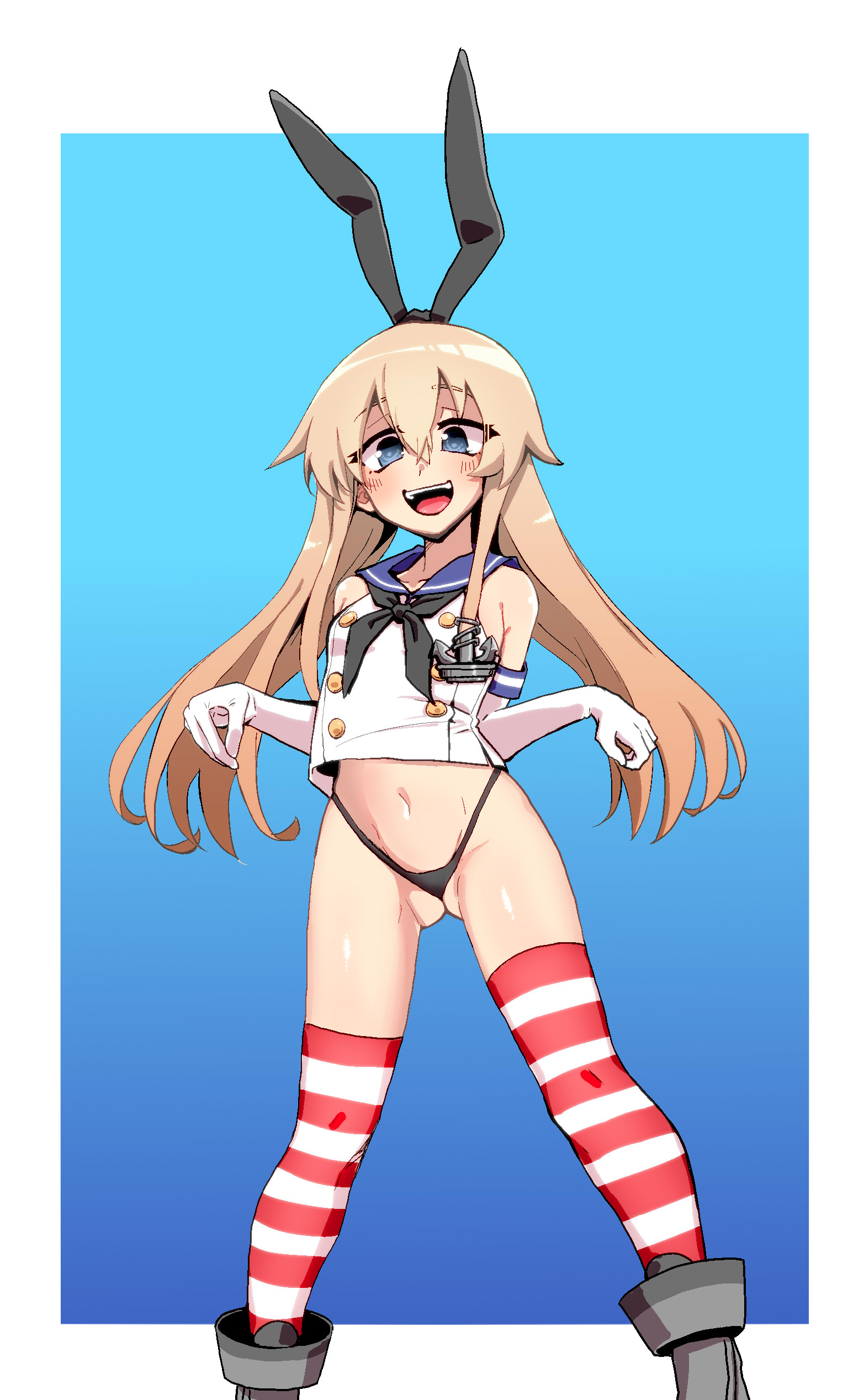 mengnaidu, shimakaze (kancolle), kantai collection, absurdres, commentary request, highres, partial commentary, textless version, 1girl, :d, anchor hair ornament, bare shoulders, black neckerchief, black panties, black ribbon, blonde hair, blue background, blue eyes, blue sailor collar, blue skirt, blush, border, buttons, cropped shirt, double-breasted, double-parted bangs, elbow gloves, eyes visible through hair, feet out of frame, floating hair, gloves, gluteal fold, hair between eyes, hair ornament, hair ribbon, hands up, heart, highleg, highleg panties, legs, long hair, looking at viewer, mars symbol, meme, musical note, navel, neckerchief, no pants, open mouth, outside border, panties, ribbon, sailor collar, sailor shirt, shiny skin, shirt, sidelocks, simple background, skirt, sleeveless, sleeveless shirt, smile, solo, sound effects, standing, star (symbol), stomach, striped clothes, striped thighhighs, teeth, thighhighs, too bad! it was just me! (meme), underwear, upper teeth only, very long hair, white border, white gloves, white shirt