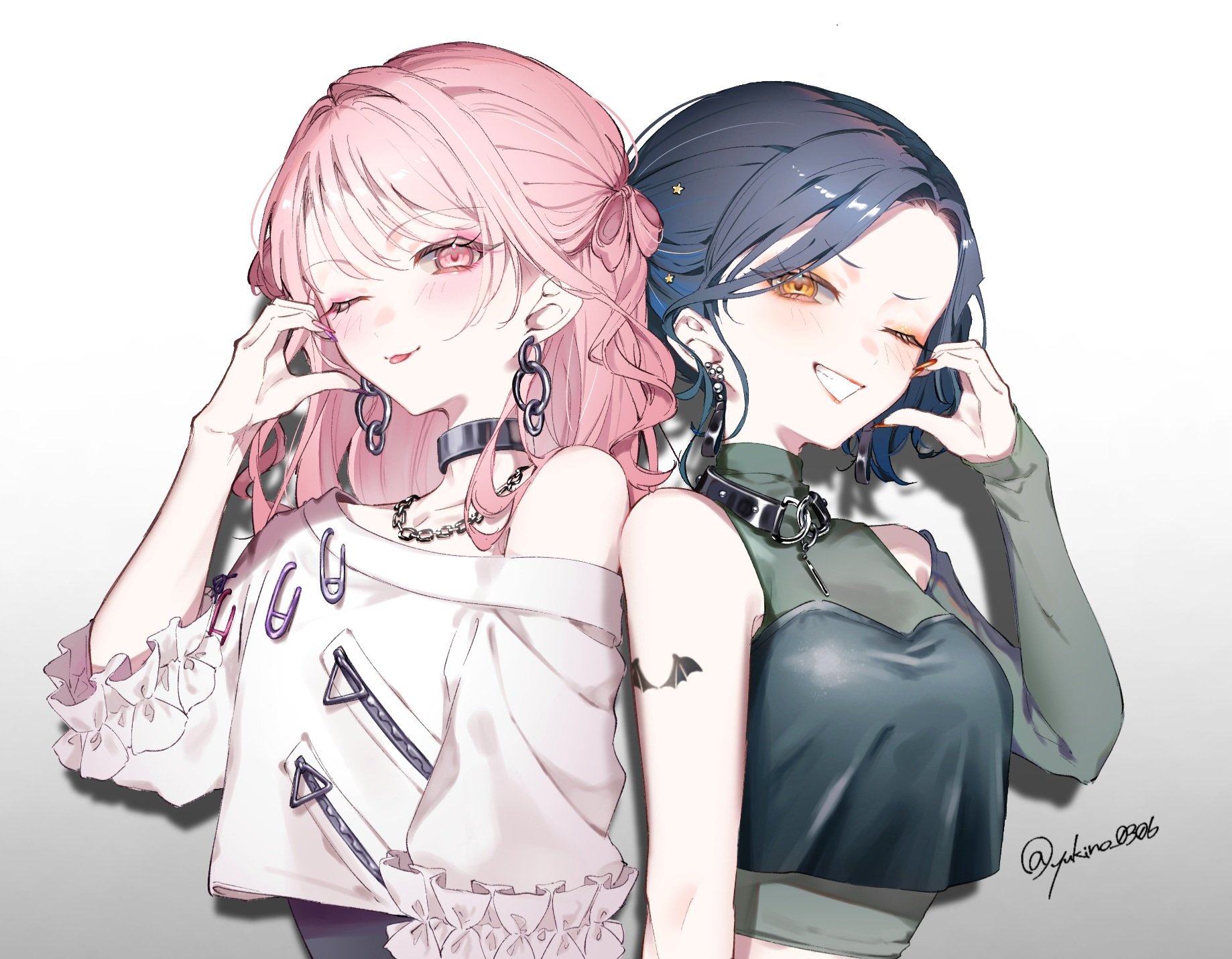 yukino 0306, akiyama mizuki, shiraishi an, project sekai, highres, 1girl, 1other, arm tattoo, black choker, black hair, chain, chain earrings, chain necklace, choker, crop top, detached sleeves, eyeshadow, gradient background, grin, hair ribbon, half-heart hands, jewelry, long hair, makeup, nail polish, necklace, one eye closed, pink eyes, pink hair, ribbon, simple background, single detached sleeve, sleeveless, sleeveless turtleneck, smile, tattoo, tongue, tongue out, turtleneck, twitter username, two side up, upper body, yellow eyes