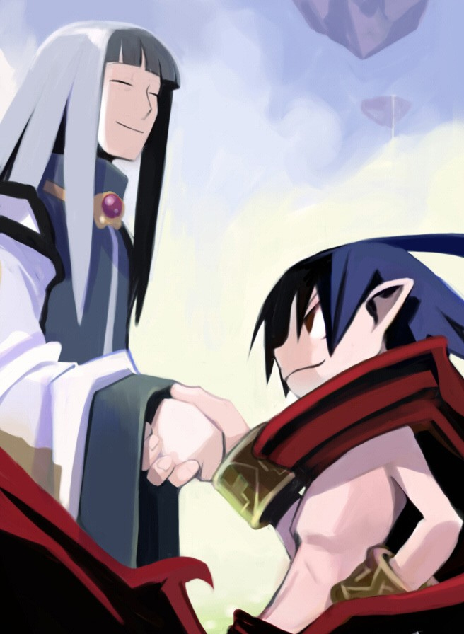 harada takehito, laharl, lamington (disgaea), seraph lamington, disgaea, makai senki disgaea, nippon ichi, official art, 00s, 2boys, handshake, height difference, male focus, multiple boys, topless male