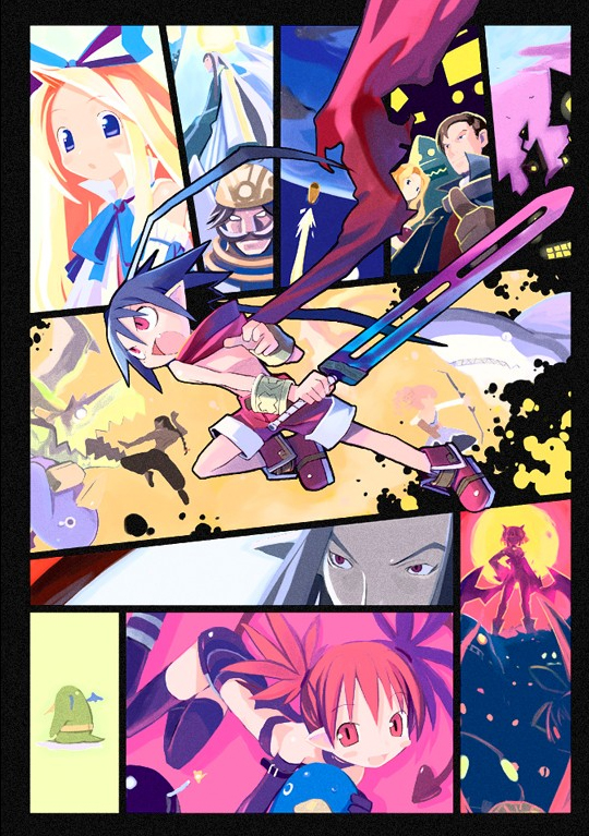 harada takehito, captain gordon, etna (disgaea), flonne, gordon (disgaea), jennifer (disgaea), laharl, lamington (disgaea), maou prier, mid-boss, mid-boss (disgaea), prier, prinny, thursday (disgaea), vulcanus (disgaea 1), disgaea, nippon ichi, official art, angel, bat wings, battle, black hair, blonde hair, blue eyes, blue hair, blush, bow, demon girl, detached sleeves, dragon, drill hair, elbow gloves, flat chest, gloves, horns, long hair, monster, multiple girls, open mouth, pink hair, pointy ears, red eyes, red hair, robot, scarf, short hair, shorts, skirt, smile, sword, tail, twintails, weapon, wings