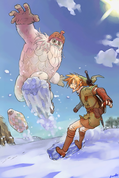 ponky, link, yeta, yeto, nintendo, the legend of zelda, the legend of zelda: twilight princess, 1boy, blonde hair, earrings, gloves, jewelry, male focus, pointy ears, shield, snow, snowboard, sword, weapon