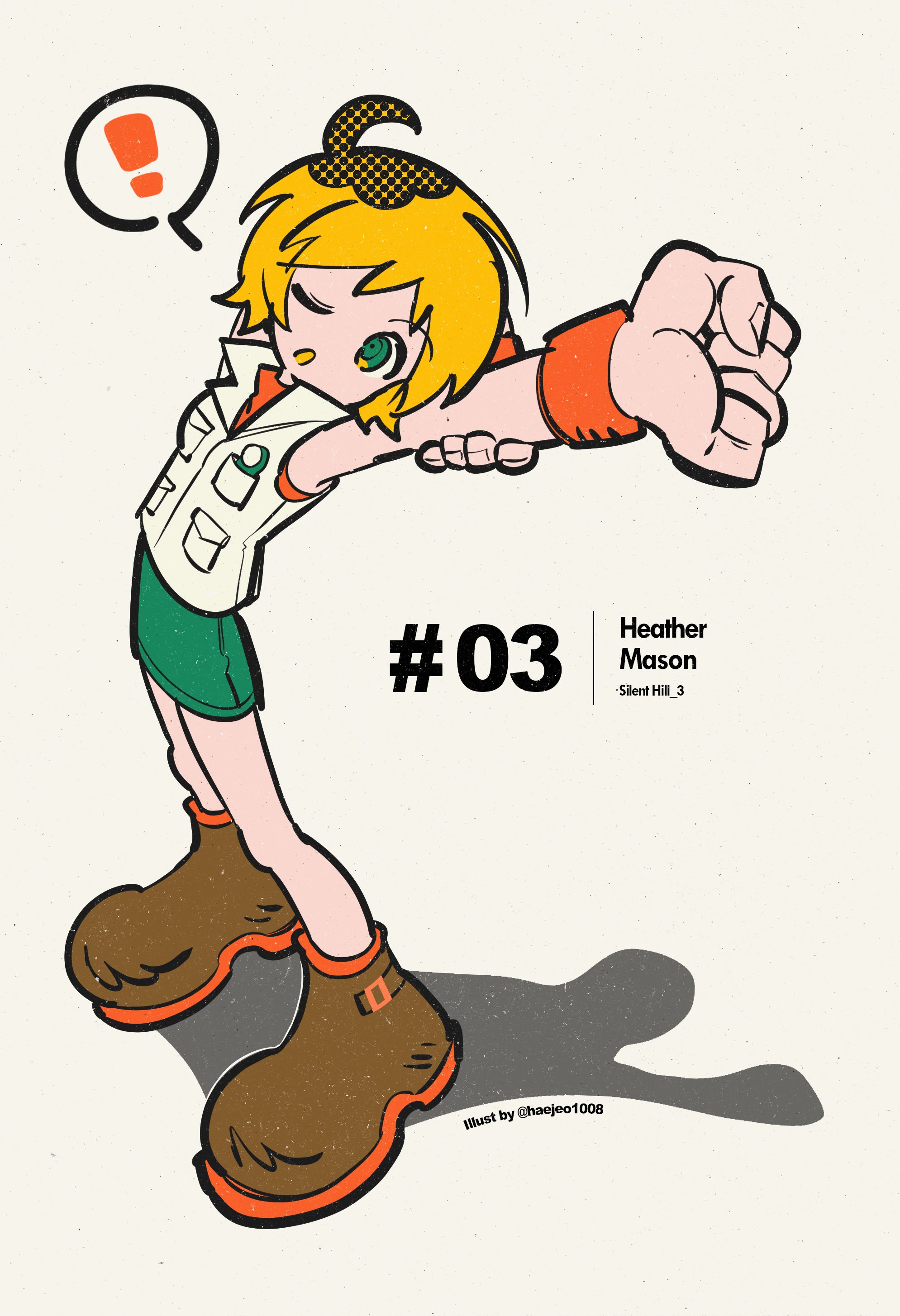haejeo1008, heather mason, silent hill (series), silent hill 3, absurdres, highres, 1girl, ?, ahoge, arm behind head, blonde hair, boots, breasts, brown boots, character name, copyright name, full body, green eyes, green skirt, medium breasts, one eye closed, orange shirt, parted lips, shirt, short hair, skirt, sleeveless, sleeveless shirt, solo, spoken question mark, stretching, twitter username, vest, white vest, wristband