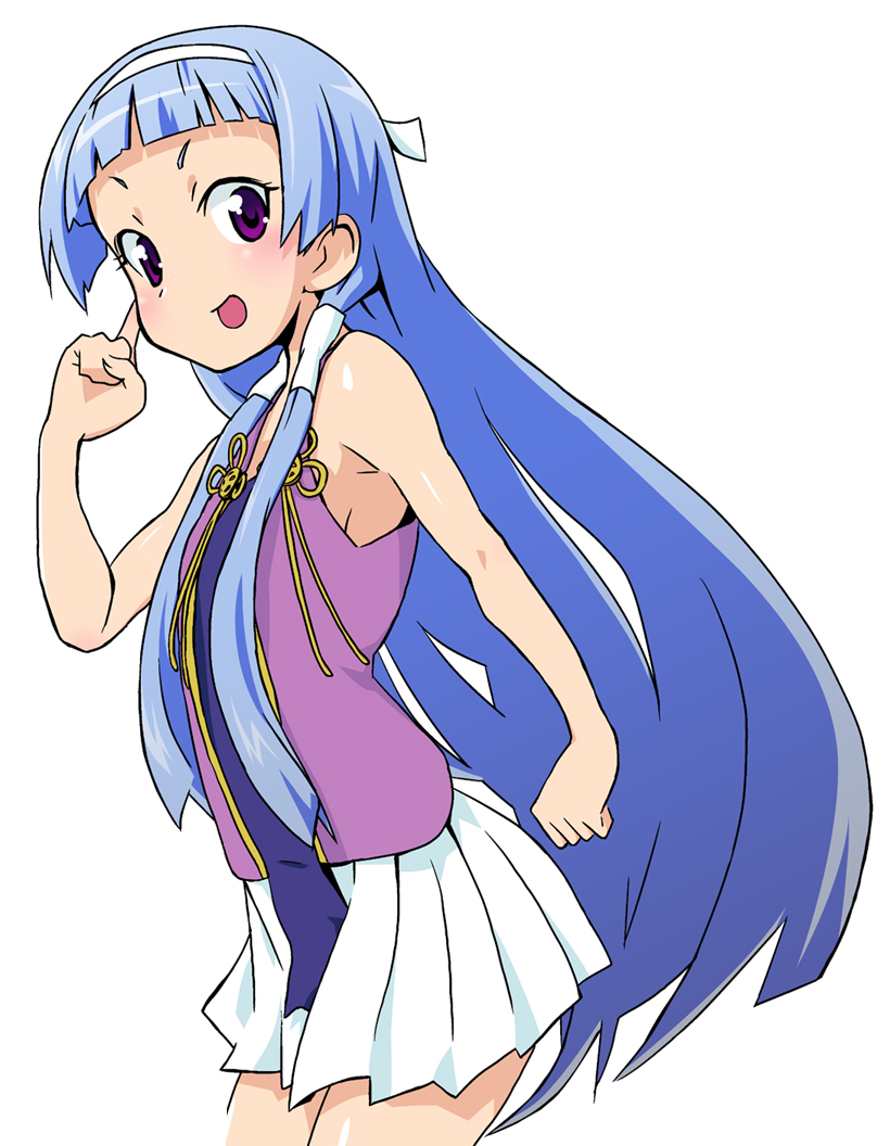ueno, nagi, kannagi, bad id, bad pixiv id, 00s, 1girl, blue hair, blunt bangs, female focus, hair tubes, happy, long hair, pleated skirt, purple eyes, skirt, smile, solo, white skirt