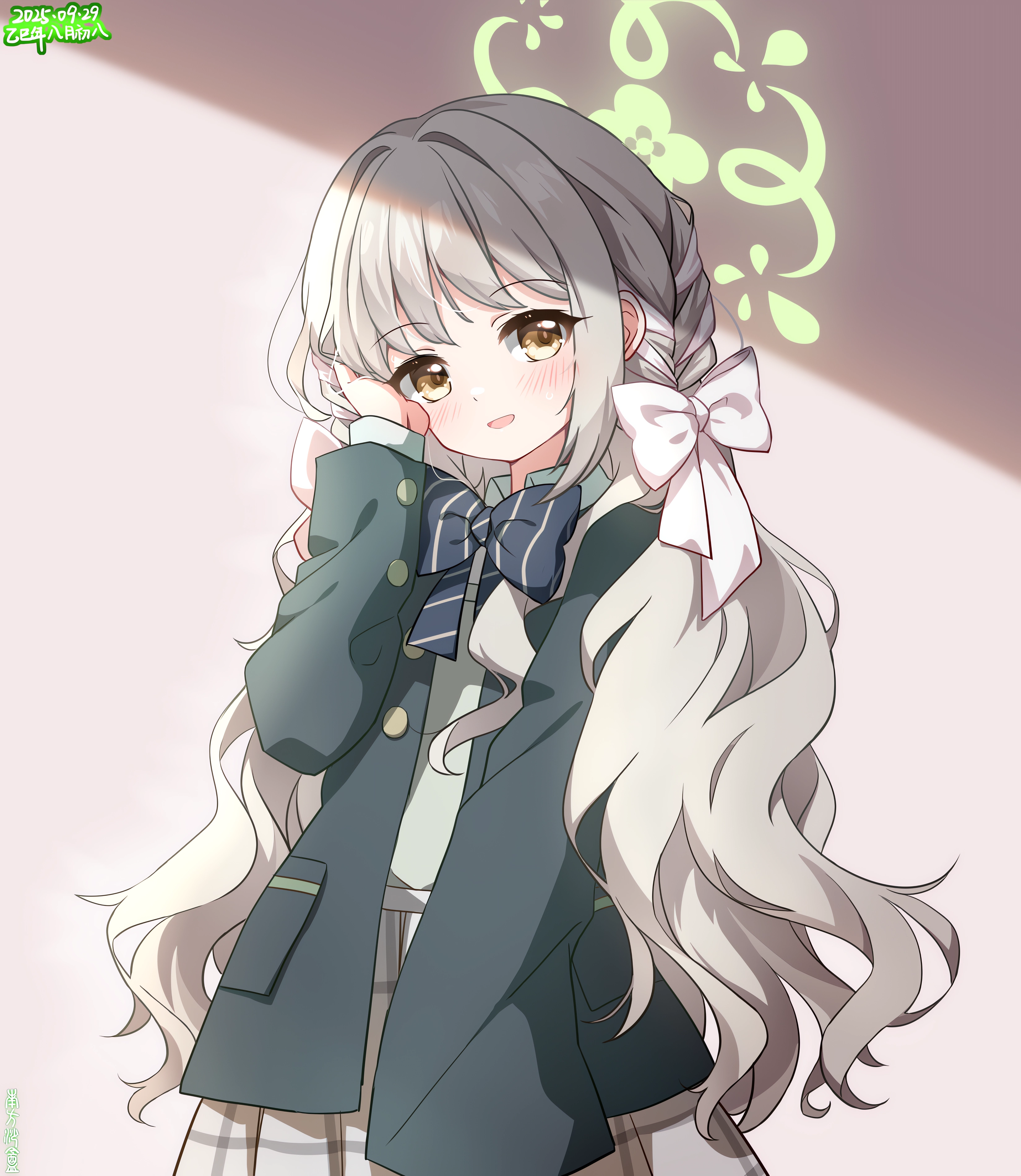 southernsandbox, miyo (blue archive), blue archive, absurdres, chinese commentary, commentary request, highres, 1girl, :d, artist name, blue bow, blush, bow, bowtie, cowboy shot, dated, diagonal-striped bow, green halo, green jacket, green shirt, grey hair, grey skirt, hair bow, halo, hand on own face, jacket, long hair, long sleeves, looking at viewer, open mouth, plaid clothes, plaid skirt, pleated skirt, shadow, shirt, single sleeve past wrist, skirt, smile, solo, striped bow, striped bowtie, striped clothes, white bow, yellow eyes