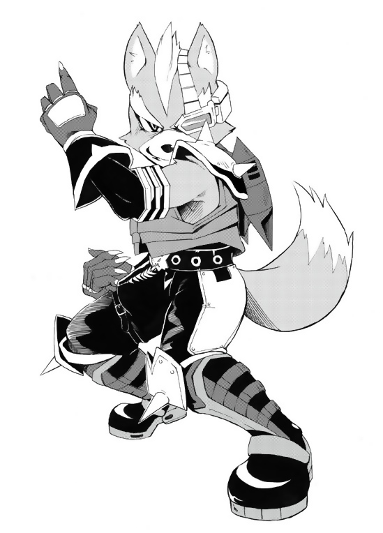 harusuke, wolf o'donnell, nintendo, star fox, md5 mismatch, 1boy, animal ears, armor, body fur, furry, furry male, gloves, greyscale, male focus, monochrome, scouter, smile, solo, tail, wolf, wolf ears, wolf tail