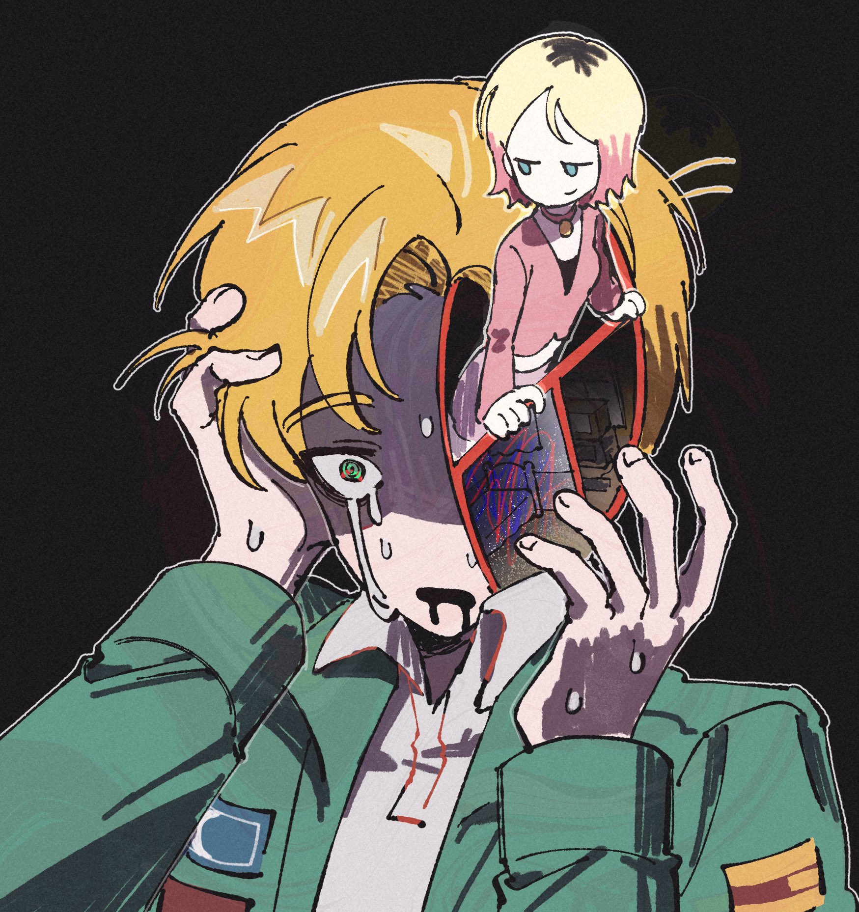 haejeo1008, james sunderland, maria (silent hill), silent hill (series), silent hill 2, highres, 1boy, 1girl, bed, black background, blonde hair, blue eyes, breasts, cardigan, collared shirt, crying, green jacket, hand in own hair, jacket, light smile, medium breasts, medium hair, midriff, miniskirt, multicolored hair, open mouth, parted bangs, pendant choker, pink cardigan, pink hair, shaded face, shirt, short hair, skirt, sweat, tears, two-tone hair, white shirt