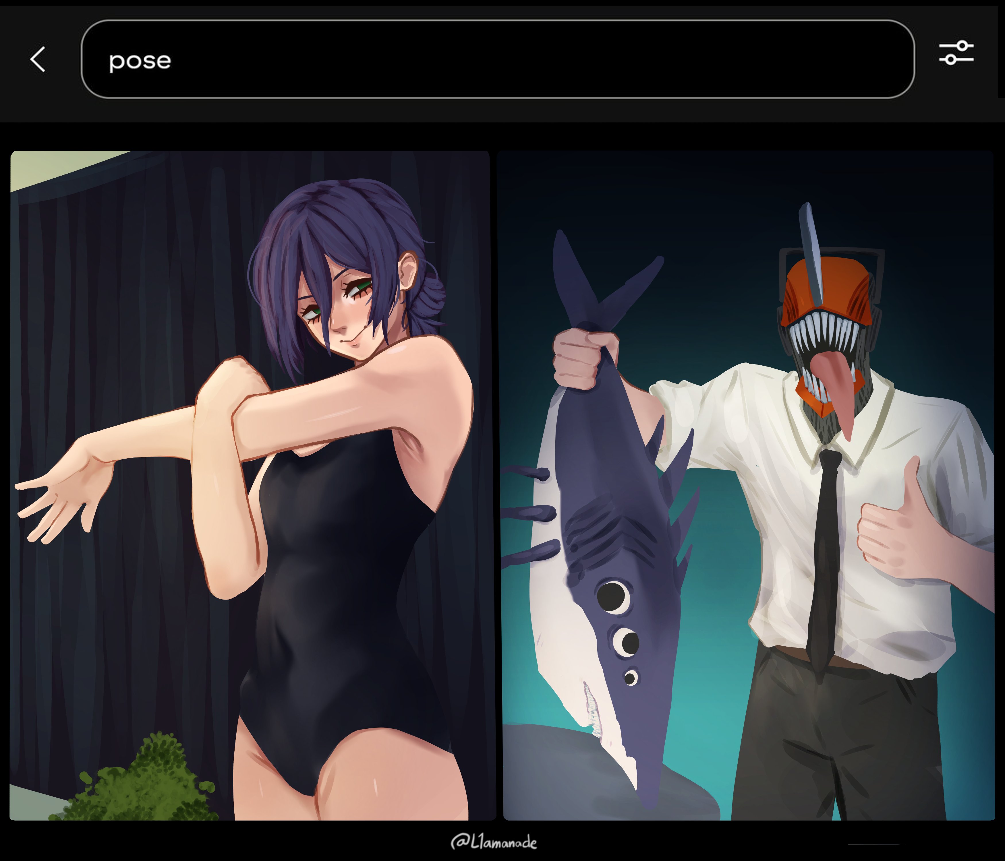 l1amanade, beam (chainsaw man), denji (chainsaw man), reze (chainsaw man), chainsaw man, absurdres, highres, 1girl, 2boys, alternate form, black necktie, black one-piece swimsuit, black pants, blue hair, breasts, closed mouth, collared shirt, cross-body stretch, fake screenshot, green eyes, holding shark, long tongue, multiple boys, necktie, one-piece swimsuit, pants, shark, sharp teeth, shirt, shirt tucked in, small breasts, smile, swimsuit, teeth, thumbs up, tongue, white shirt