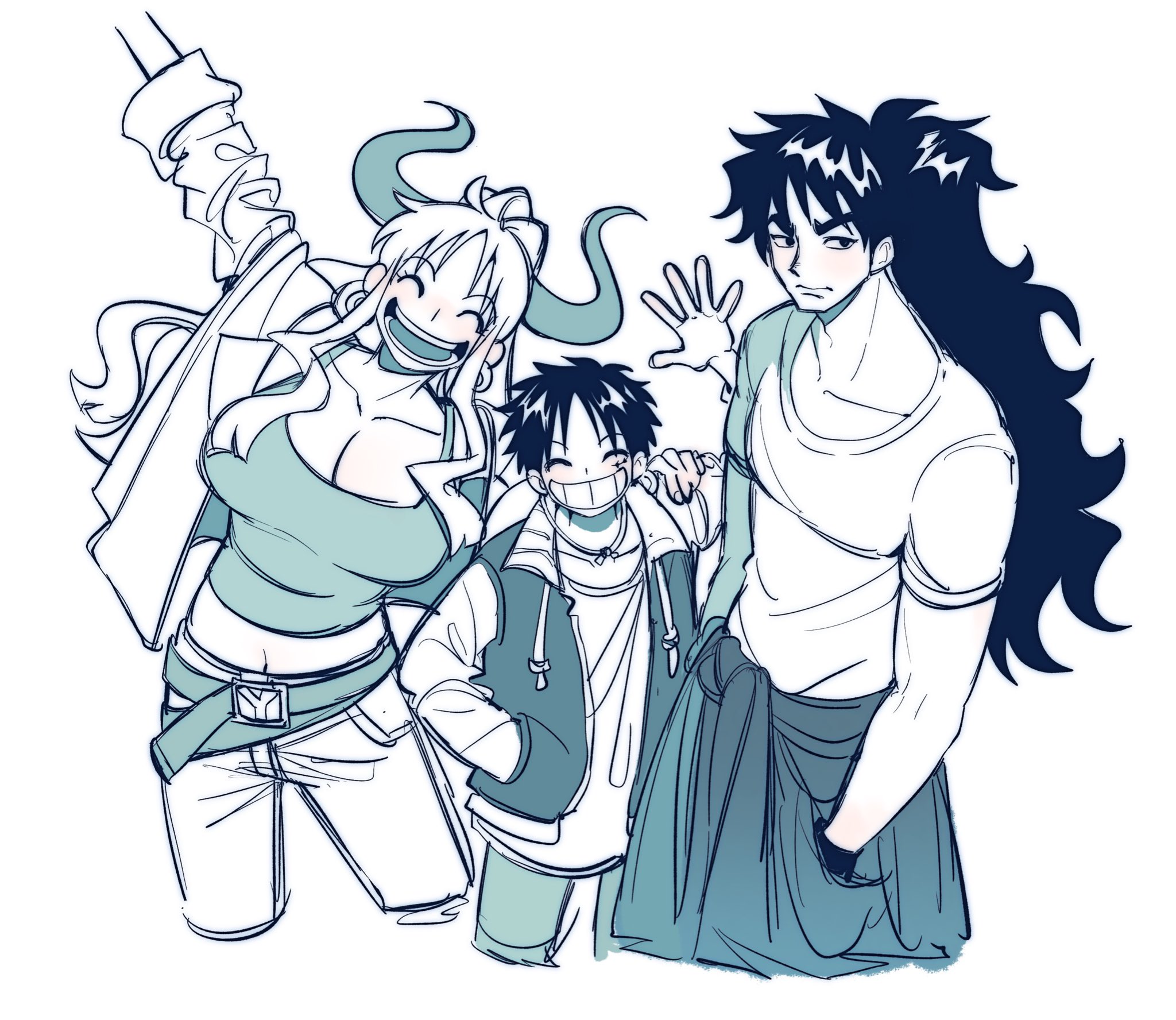 ki2ri5, kouzuki momonosuke, monkey d. luffy, yamato (one piece), one piece, highres, 1girl, 2boys, ^ ^, arm up, breasts, closed eyes, cropped legs, curled horns, earrings, greyscale, hands in pockets, horns, jewelry, large breasts, monochrome, multiple boys, open mouth, ponytail, sash, scar, scar on face, short hair, sidelocks, simple background, thick eyebrows, waving, wristband