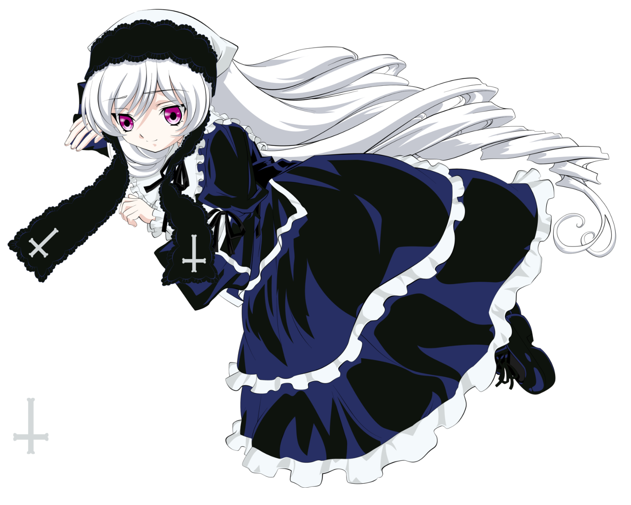 suigintou, suiseiseki, rozen maiden, silver hair, cosplay, dress, full body, long hair, purple eyes, solo, suigintou (cosplay), transparent background