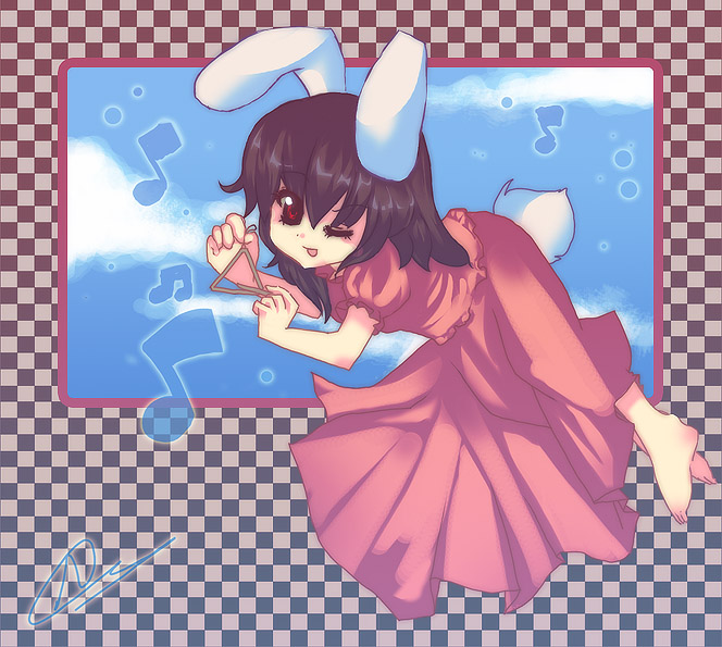 noorrzz, inaba tewi, touhou, 1girl, animal ears, barefoot, beamed quavers, dress, female focus, instrument, lying, musical note, one eye closed, pink dress, quaver, rabbit ears, rabbit girl, rabbit tail, red eyes, sky, solo, tail, triangle, triangle (instrument), wink