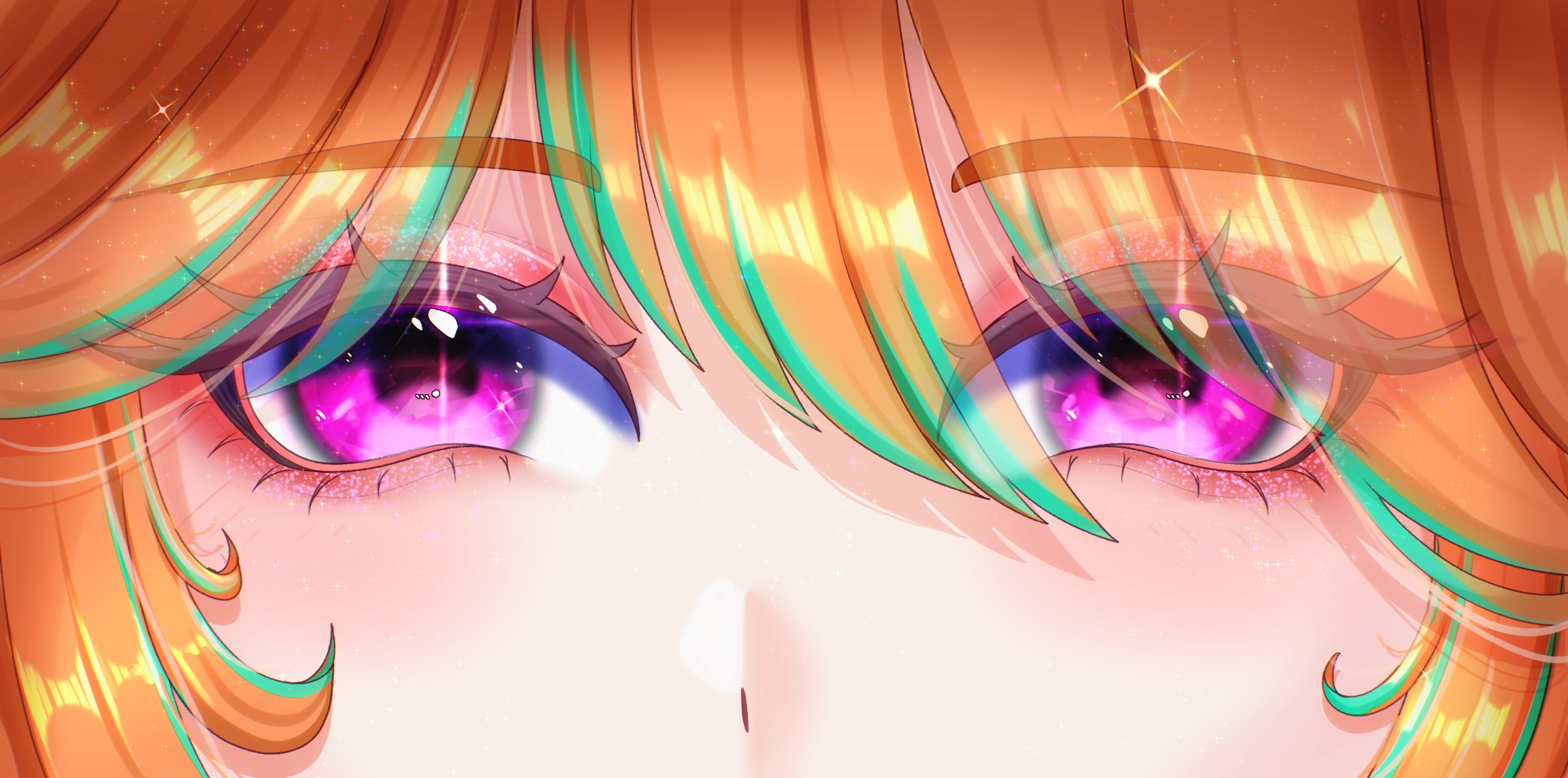 takanashi kiara, hololive, hololive english, absurdres, commentary, english commentary, highres, 1girl, eye focus, green streaks, looking at viewer, nieien, orange hair, pink eyes, solo, virtual youtuber