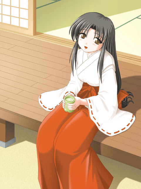 keito (keito-ya), original, archived source, commentary request, 1girl, 2000s (style), analogous colors, architecture, black hair, blush, bow, brown eyes, cup, dated commentary, east asian architecture, feet out of frame, from above, green tea, hair bow, hair intakes, hakama, hakama pants, head tilt, holding, holding cup, japanese clothes, kariginu, kosode, legs together, long hair, long sleeves, looking at viewer, low-tied long hair, miko, open door, open mouth, pants, red bow, red hakama, retro artstyle, ribbon-trimmed sleeves, ribbon trim, sand, shadow, shouji, sitting, sliding doors, solo, tatami, tea, veranda, very long hair, warm colored, white kosode, white sleeves, wide sleeves, yunomi
