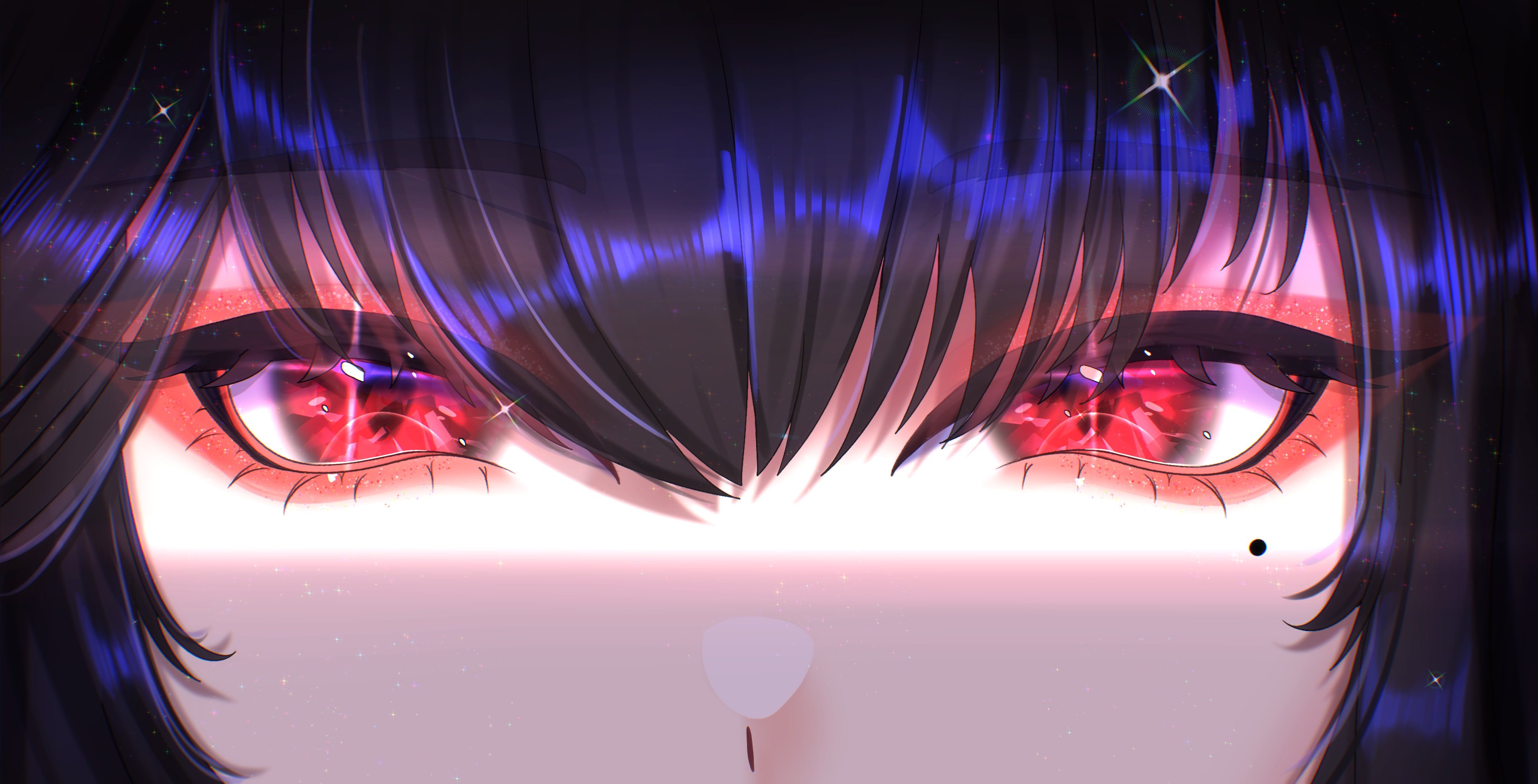 nerissa ravencroft, hololive, hololive english, absurdres, commentary, english commentary, highres, 1girl, black hair, close-up, eye focus, looking at viewer, mole, mole under eye, nieien, red eyes, solo, virtual youtuber