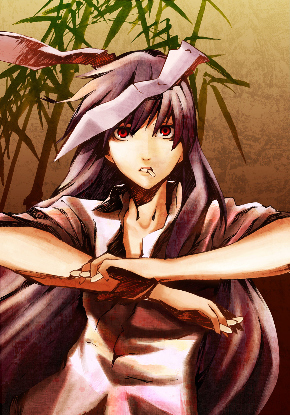nonoko, yuuka nonoko, reisen udongein inaba, touhou, bad id, bad pixiv id, highres, 1girl, animal ears, bamboo, bullet, extra ears, female focus, long hair, mouth hold, purple hair, rabbit ears, red eyes, shirt, sleeves rolled up, solo