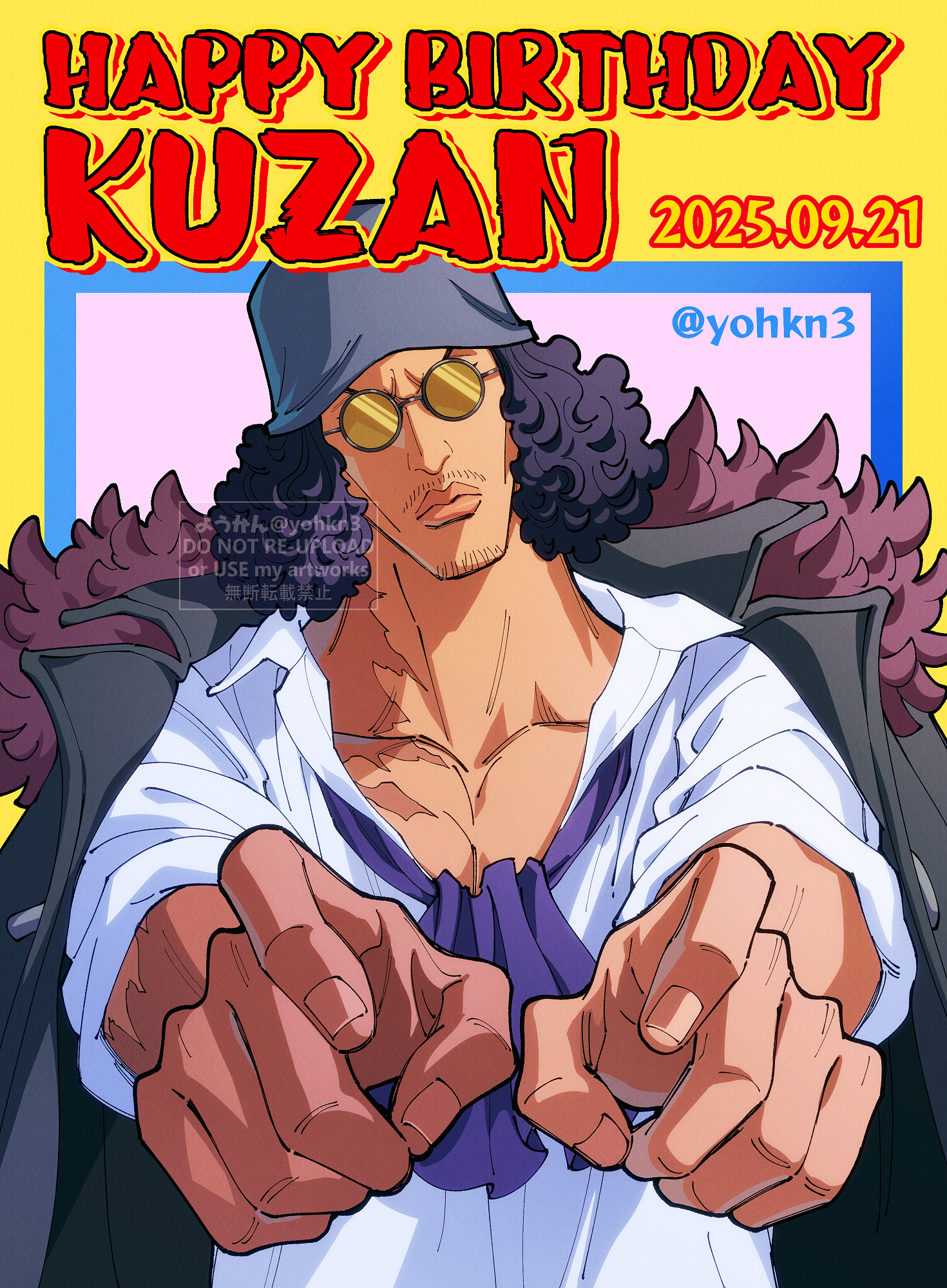 youkan (tako), aokiji (one piece), one piece, commentary request, highres, 1boy, ascot, beard stubble, black hair, character name, closed mouth, coat, coat on shoulders, dated, facial hair, fur-trimmed coat, fur trim, happy birthday, hat, looking at viewer, male focus, purple ascot, shirt, solo, stubble, sunglasses, tinted eyewear, twitter username, upper body, v-shaped eyebrows, white shirt, yellow-tinted eyewear