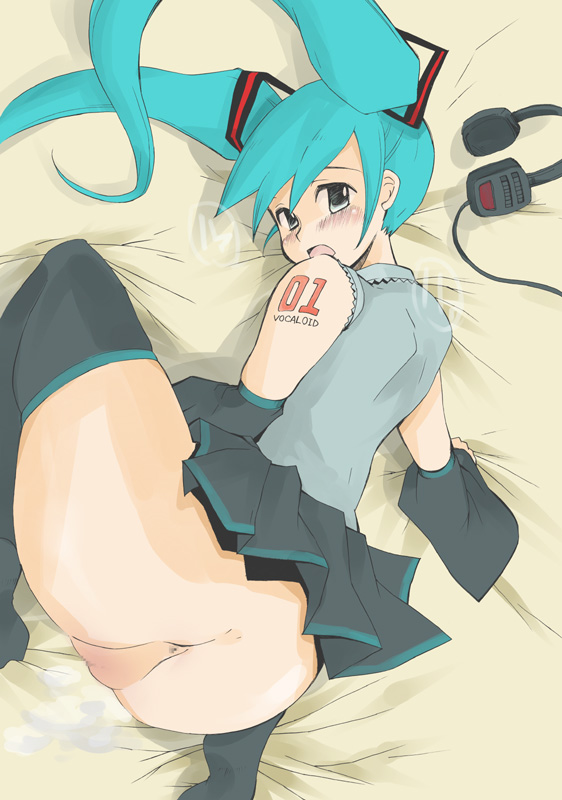 yuu kichi, hatsune miku, vocaloid, bad id, bad pixiv id, 1girl, anus, ass, blush, censored, cum, female focus, long hair, no panties, pussy, skirt, solo, thighhighs, top-down bottom-up, twintails
