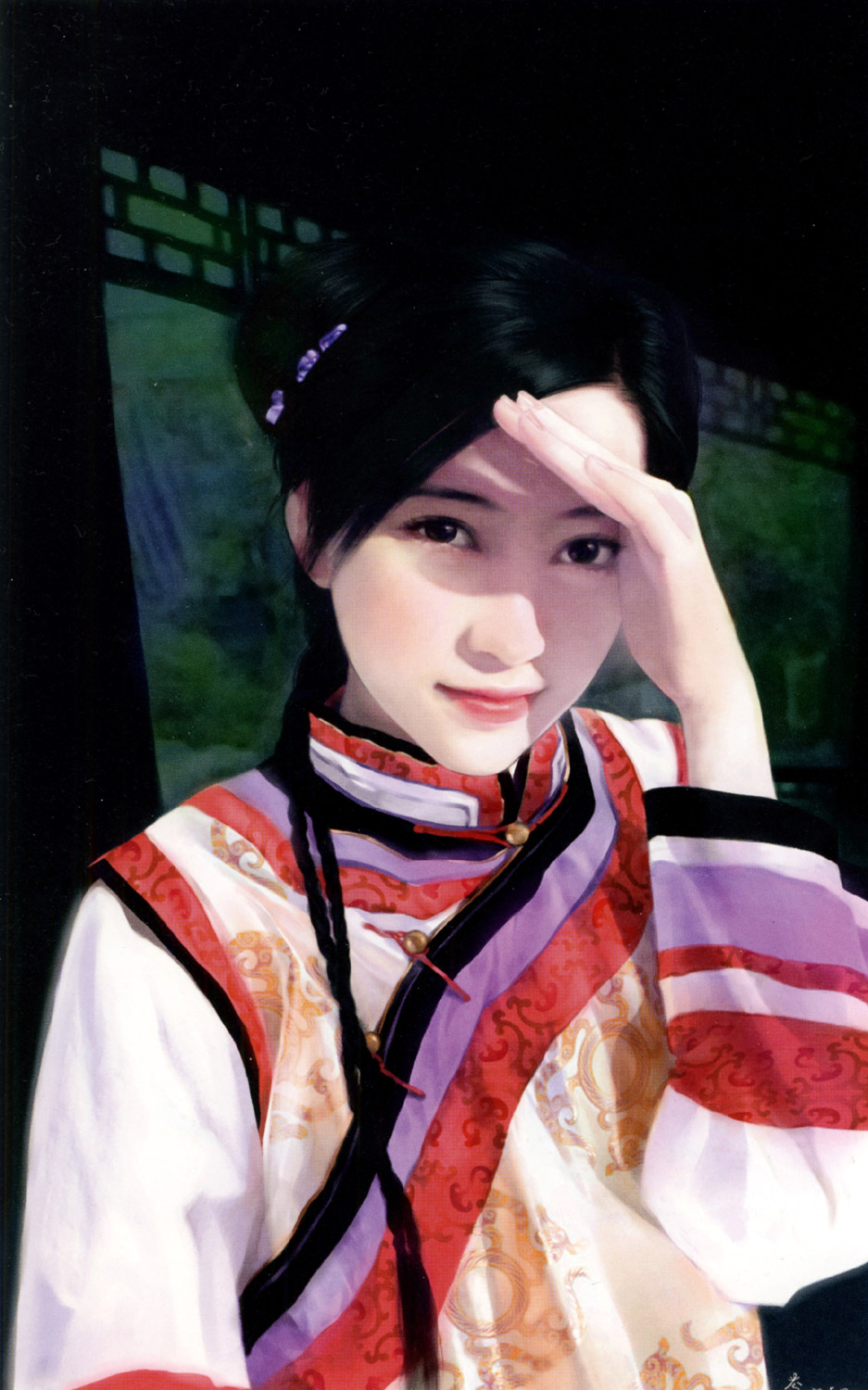 chen shu fen, highres, black eyes, black hair, braid, china dress, chinese clothes, double bun, dress, long hair, realistic, smile, solo