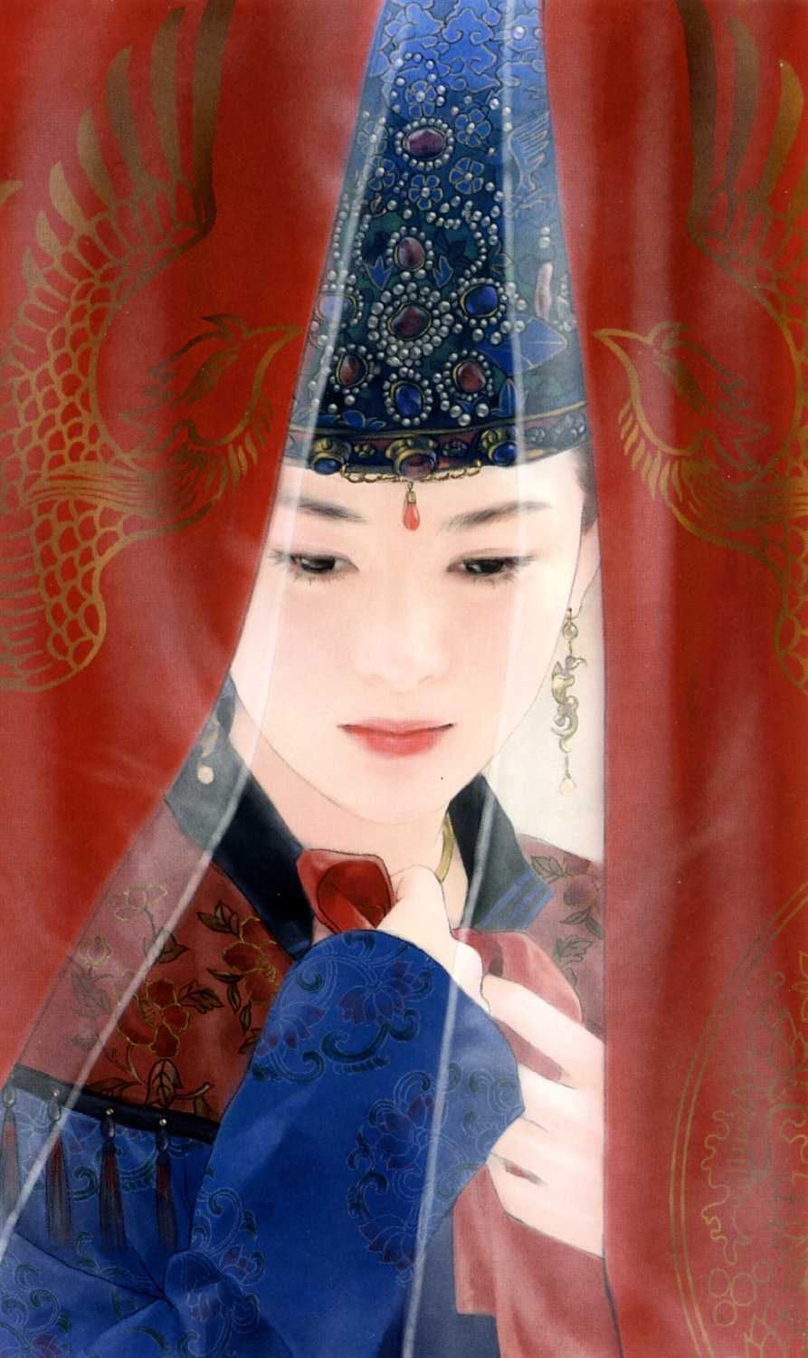 chen shu fen, highres, black eyes, black hair, chinese clothes, curtains, earrings, hanfu, hat, jewelry, realistic, solo