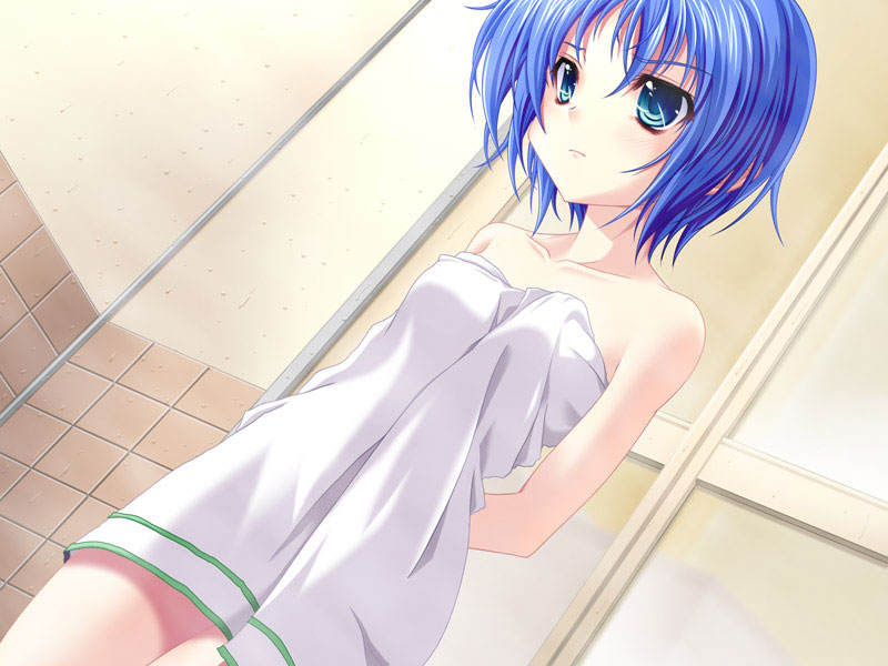 miyama-zero, yuki seseri, kanojo tachi no ryuugi, bath towel, bathroom, blue hair, green eyes, naked towel, short hair, solo, towel