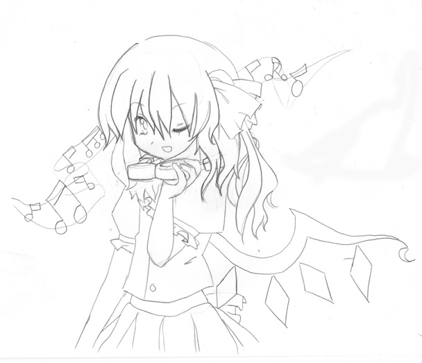 noorrzz, flandre scarlet, touhou, traditional media, 1girl, dress, female focus, greyscale, hair ribbon, headphones, headphones around neck, monochrome, musical note, one eye closed, one side up, ponytail, ribbon, short hair, side ponytail, sketch, skirt, solo, white background, wings, wink