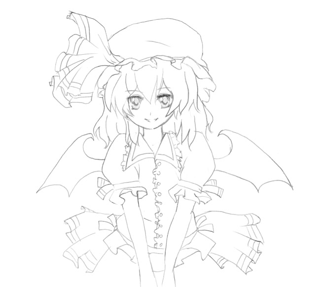 noorrzz, remilia scarlet, touhou, traditional media, 1girl, dress, female focus, greyscale, hat, hat ribbon, monochrome, ribbon, short hair, smile, solo, white background, wings