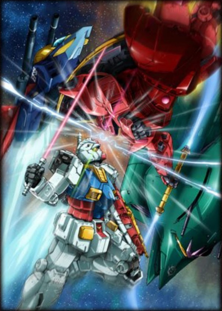 elmeth, g-fighter, gelgoog s char custom, rx-78-2 gundam, gundam, mobile suit gundam, artist request, scan, traditional media, 1990s (style), battle, beam cannon, beam naginata, duel, energy gun, energy sword, machinery, mecha, mecha focus, mobile suit, nebula, no humans, retro artstyle, robot, scene reference, science fiction, shield, space, star (sky), sword, thrusters, v-fin, weapon