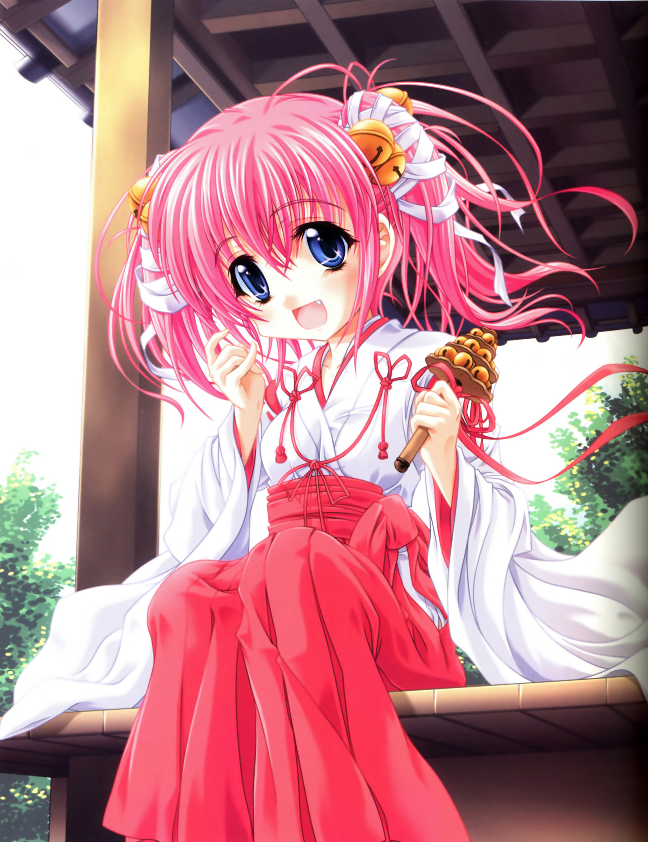 miyama-zero, kishi aimi, princess brave, absurdres, highres, 1girl, bell, blue eyes, fang, female focus, hakama, hakama skirt, japanese clothes, miko, pink hair, red hakama, sitting, skirt, solo